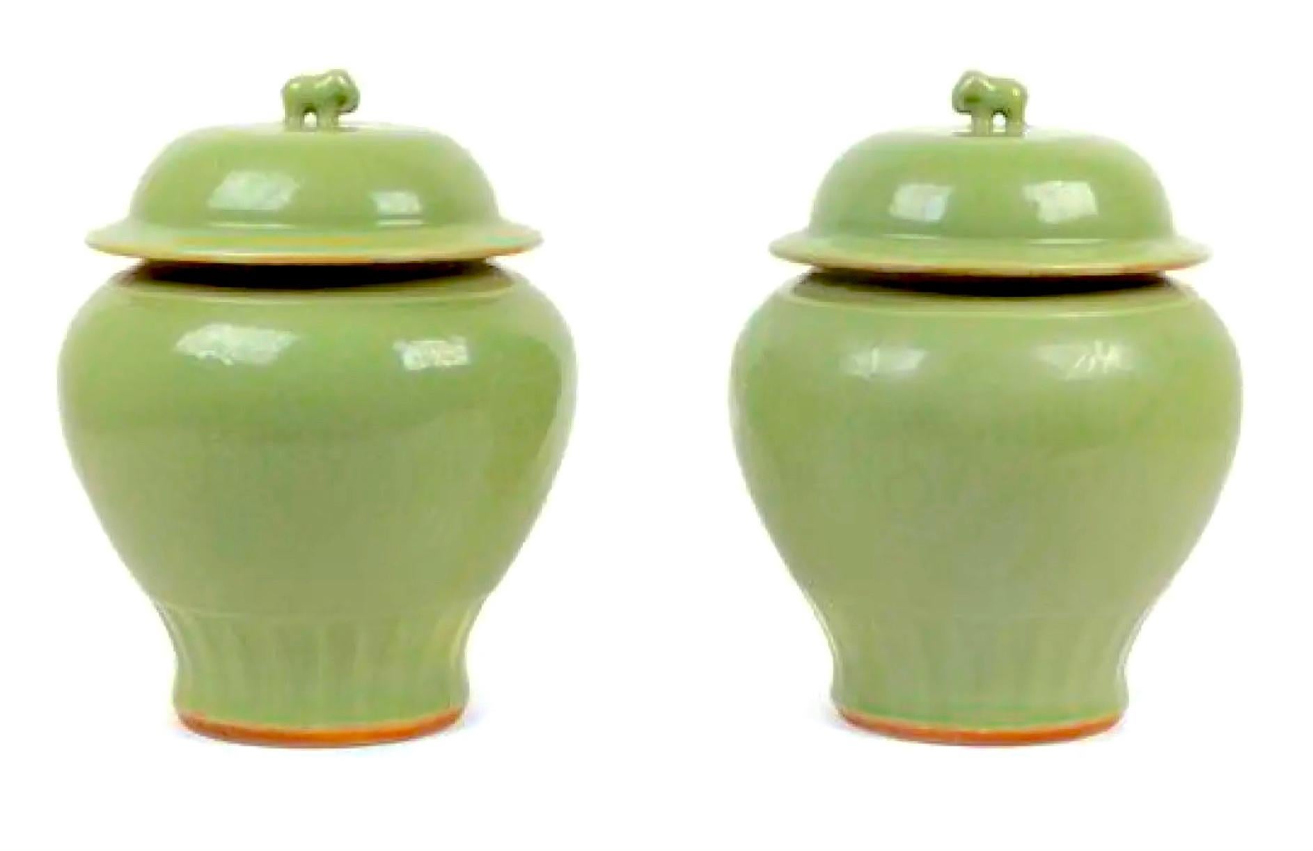 Asian 19th Century Celadon Ginger Jars Elephant Finials For Sale