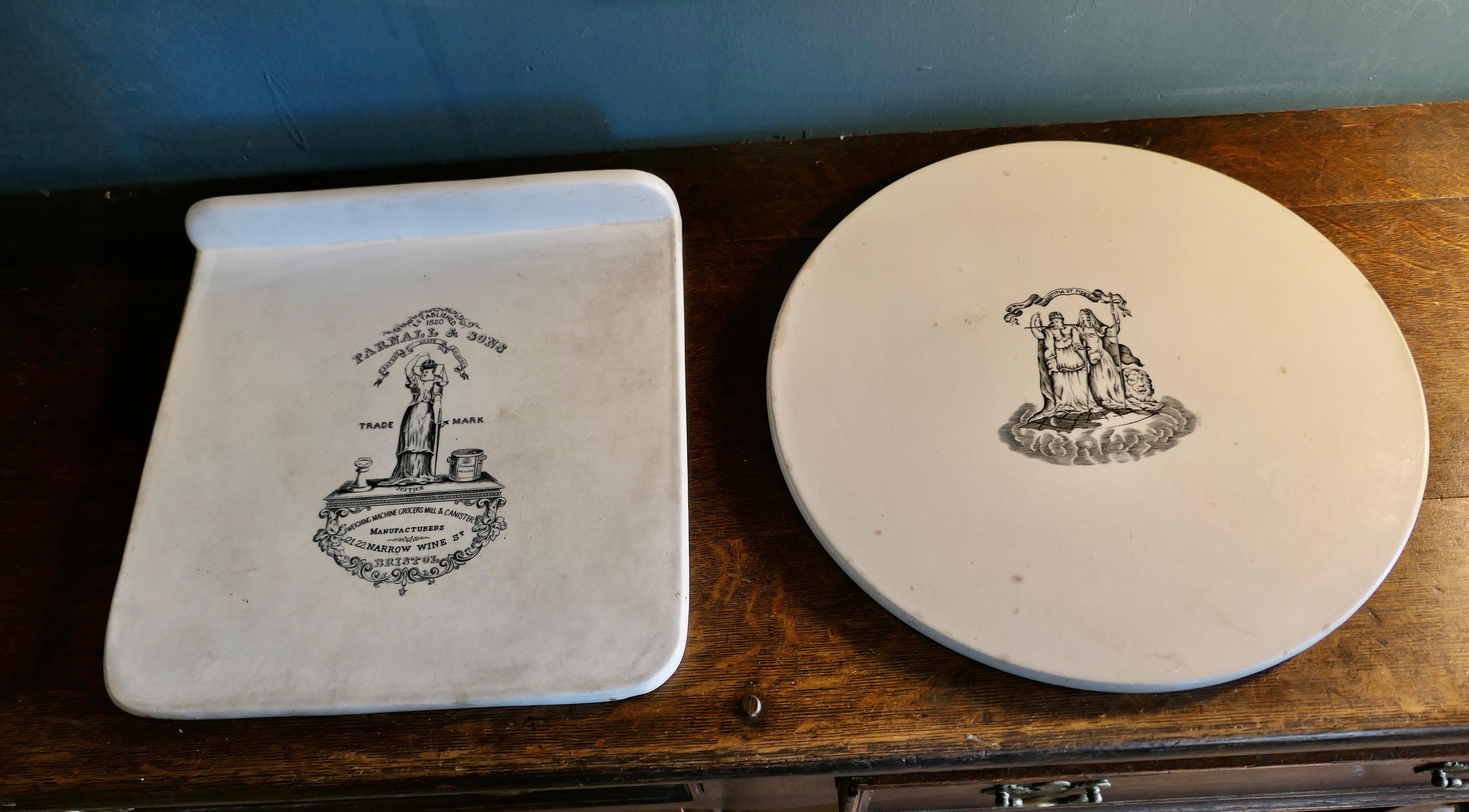 19th century Ceramic Butter Slab and Cheese Scale Pan

2 good honest pieces of Dairy Shop Equipment, the circular platter is a Butter slab used to portion and pat the block of butter into shape, the other larger square platter is from a Dairy