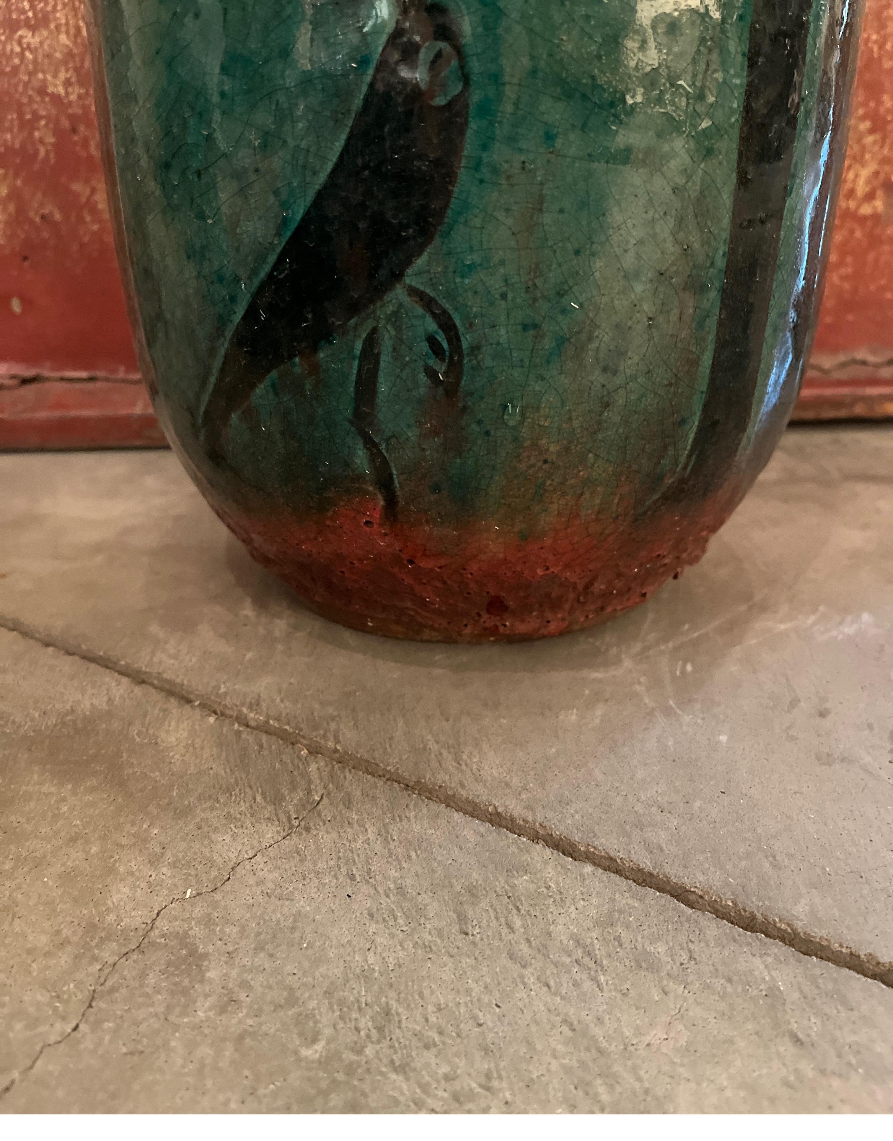 19th Century Ceramic Jar/Vase  With Green Glaze And  Hand Painted Bird Image 6