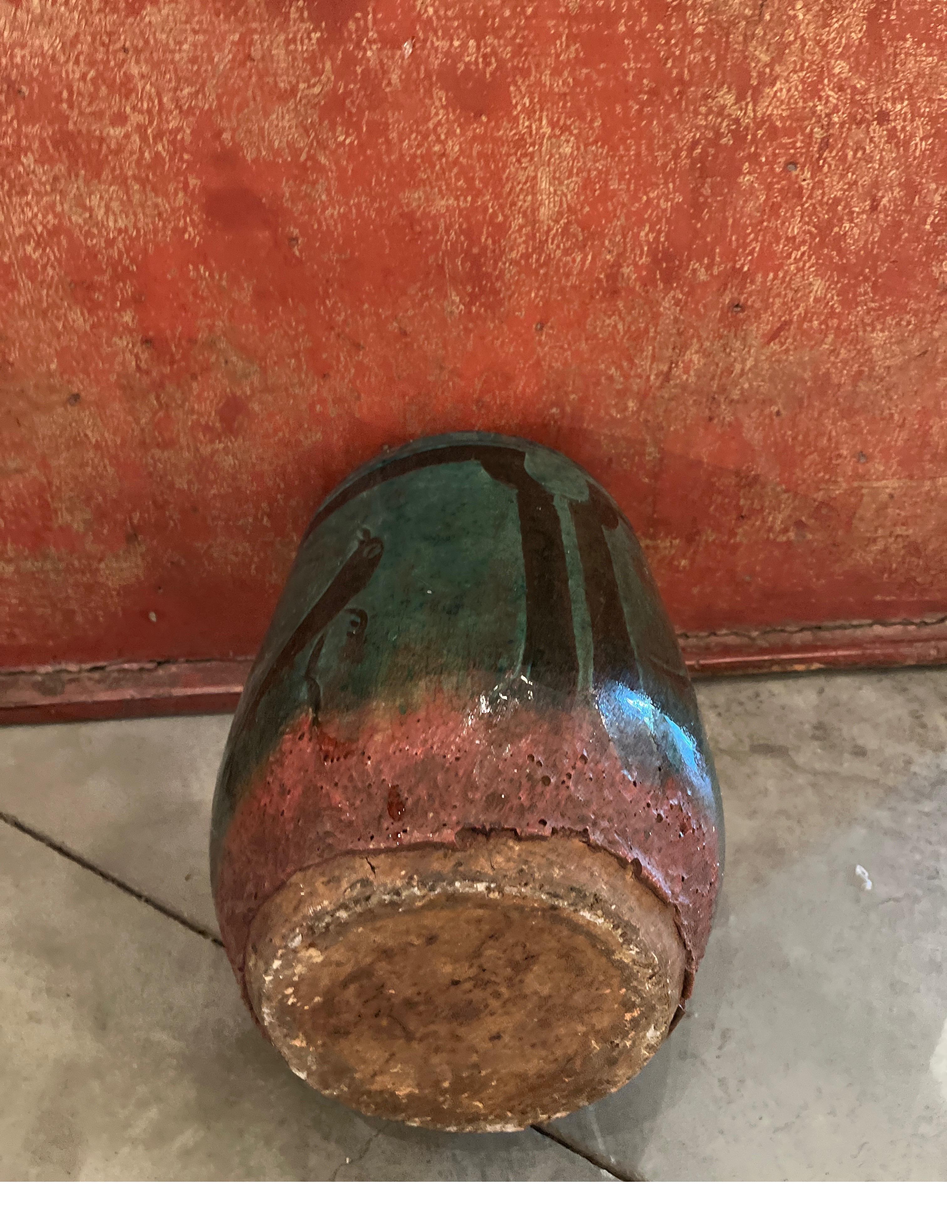 19th Century Ceramic Jar/Vase  With Green Glaze And  Hand Painted Bird Image 9