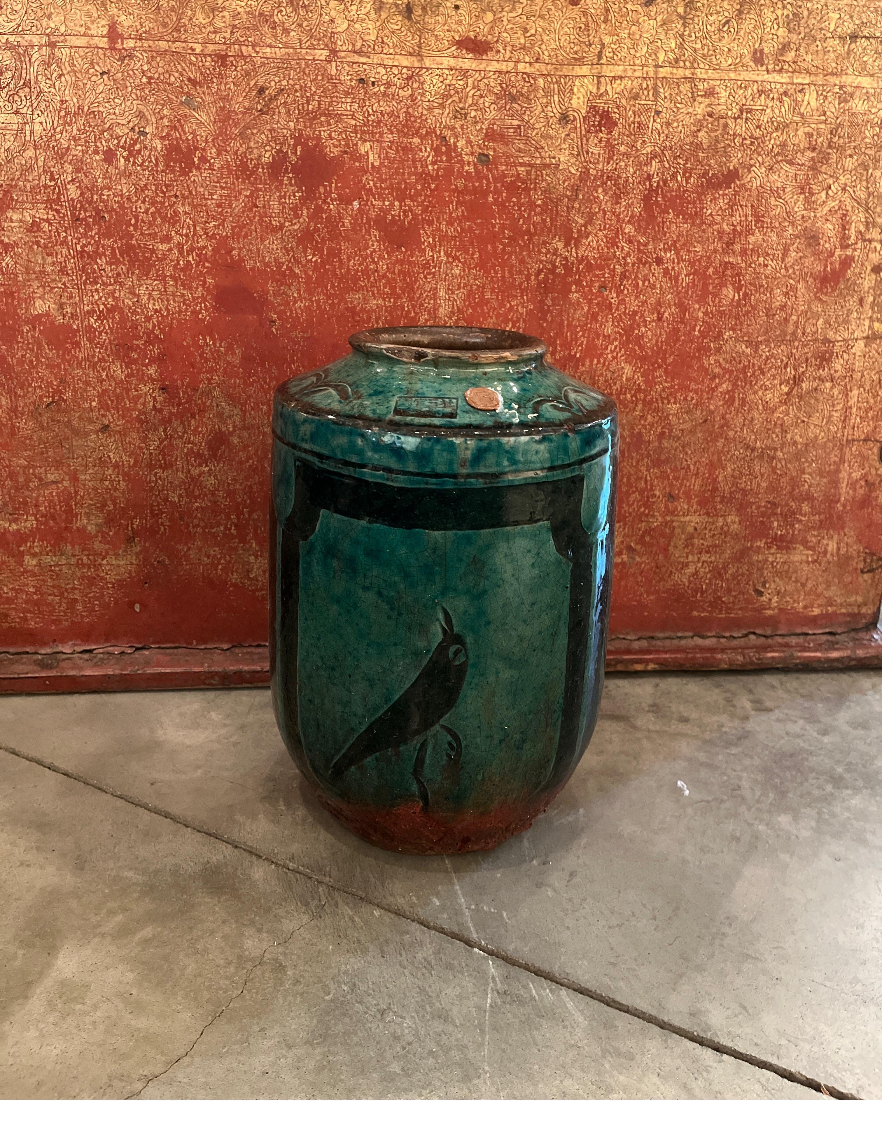 19th Century Ceramic Jar/Vase  With Green Glaze And  Hand Painted Bird Image 10