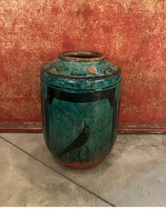 19th Century Ceramic Jar/Vase  With Green Glaze And  Hand Painted Bird Image