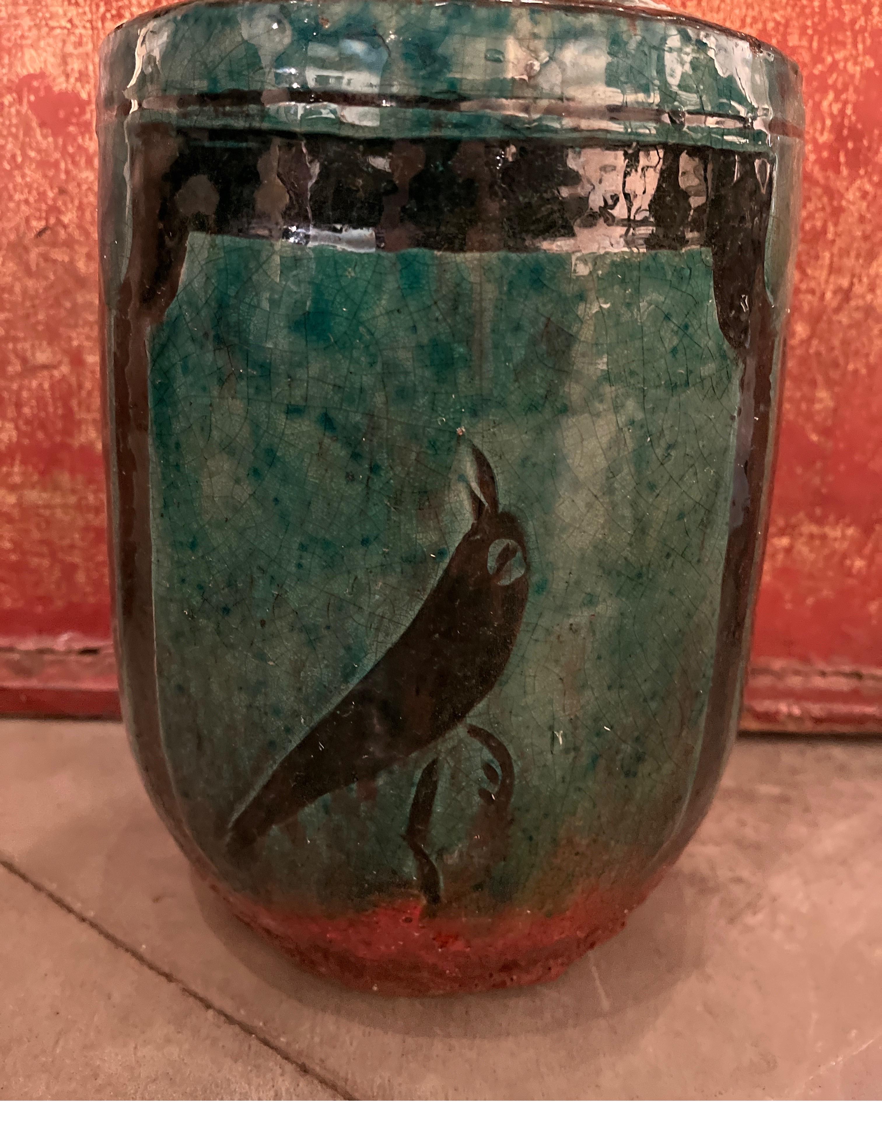 Chinese 19th Century Ceramic Jar/Vase  With Green Glaze And  Hand Painted Bird Image