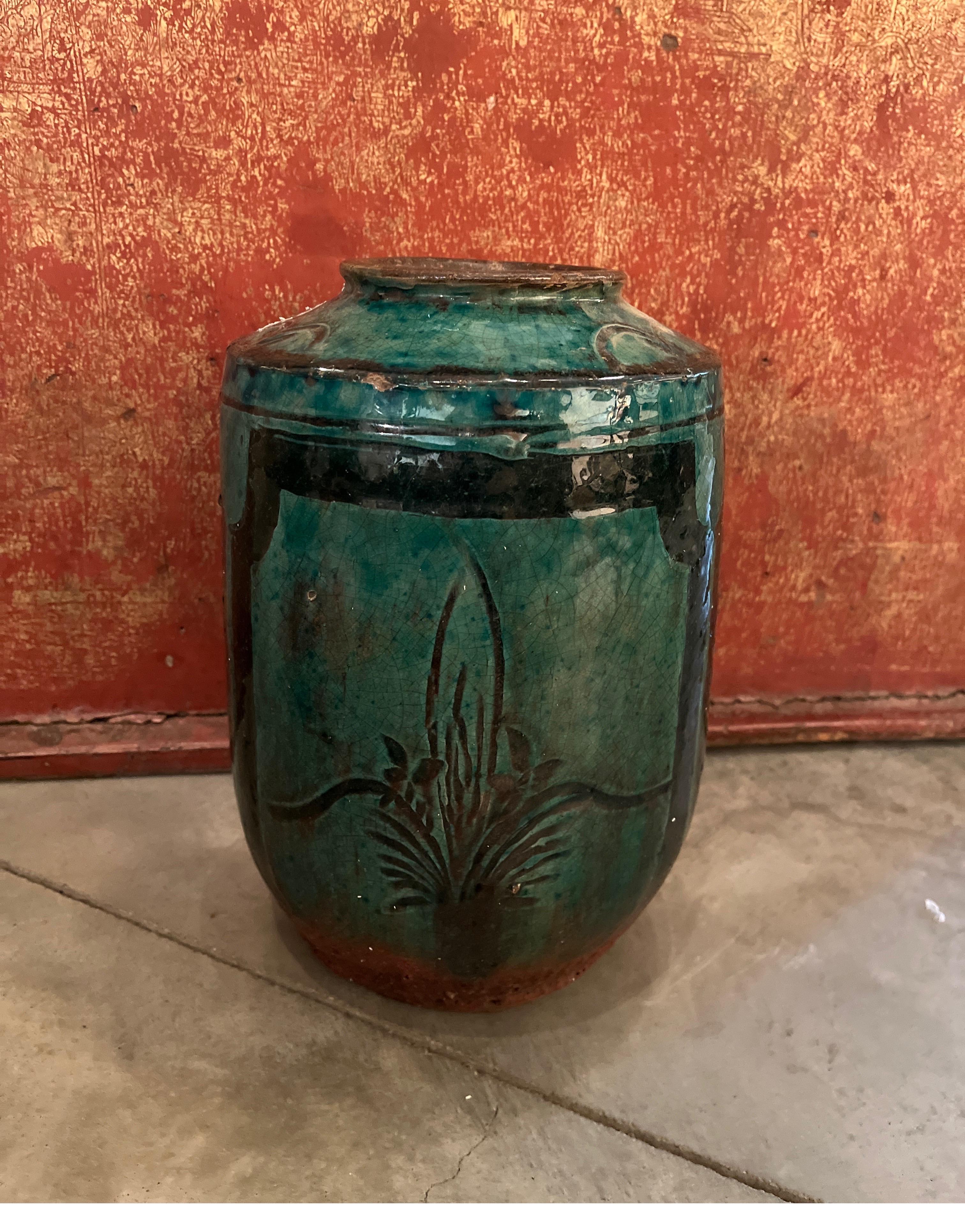 19th Century Ceramic Jar/Vase  With Green Glaze And  Hand Painted Bird Image In Good Condition In New York, NY