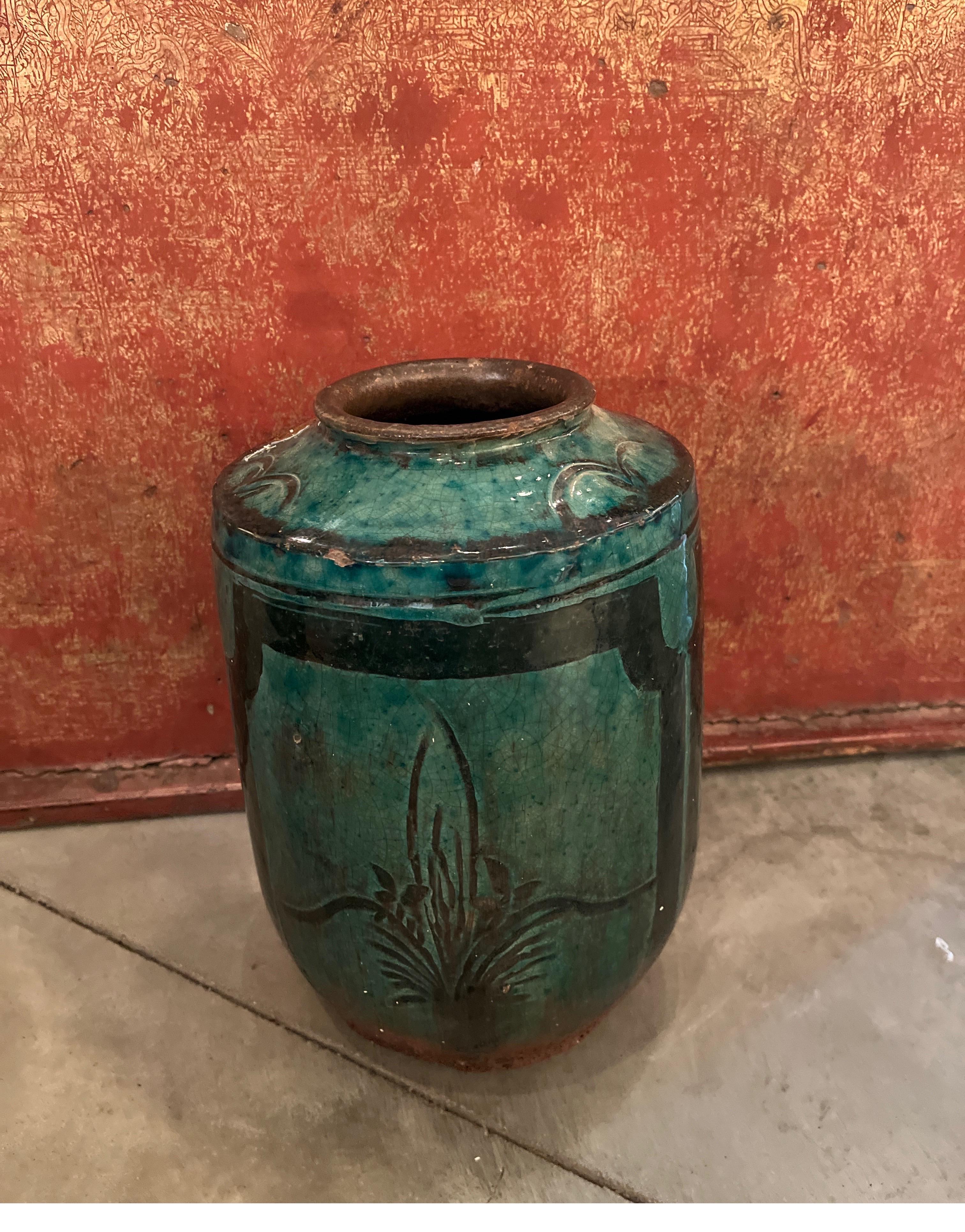 19th Century Ceramic Jar/Vase  With Green Glaze And  Hand Painted Bird Image 1