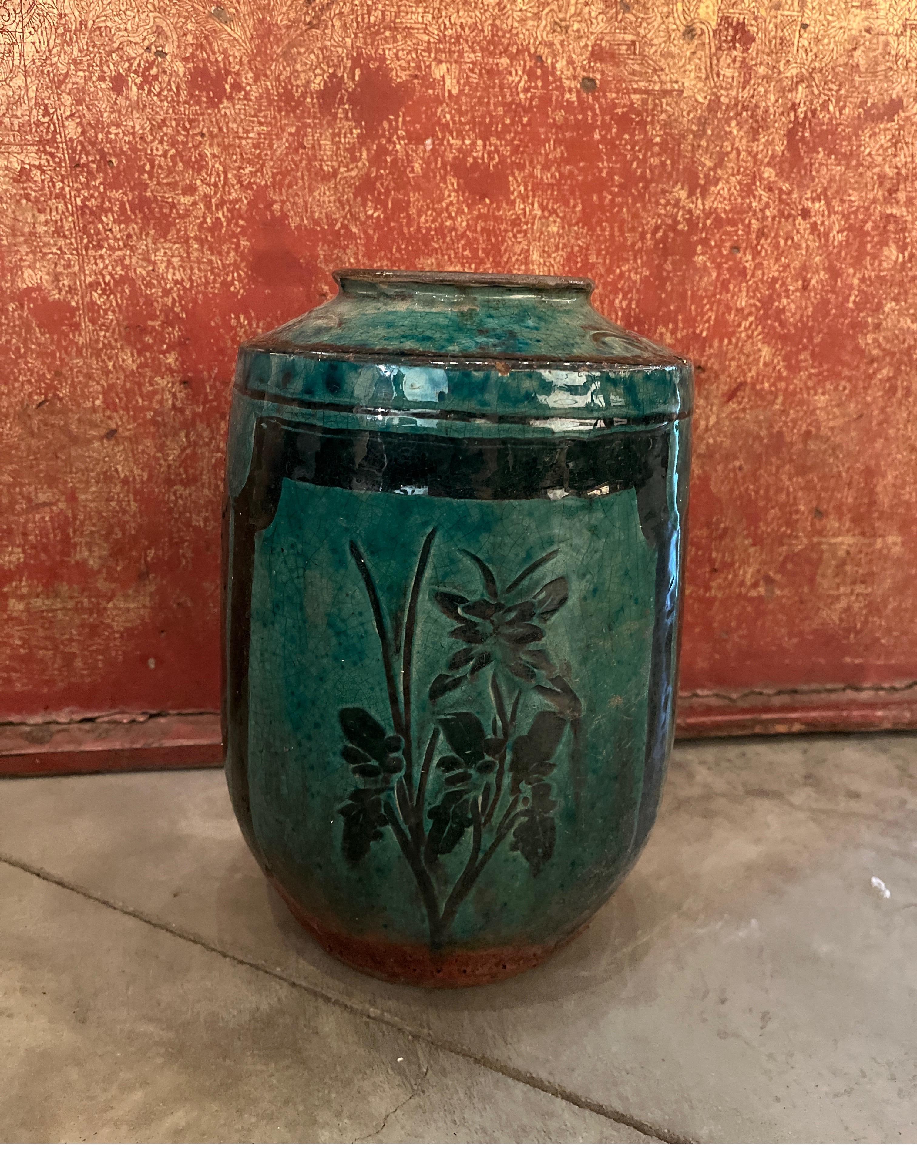 19th Century Ceramic Jar/Vase  With Green Glaze And  Hand Painted Bird Image 2