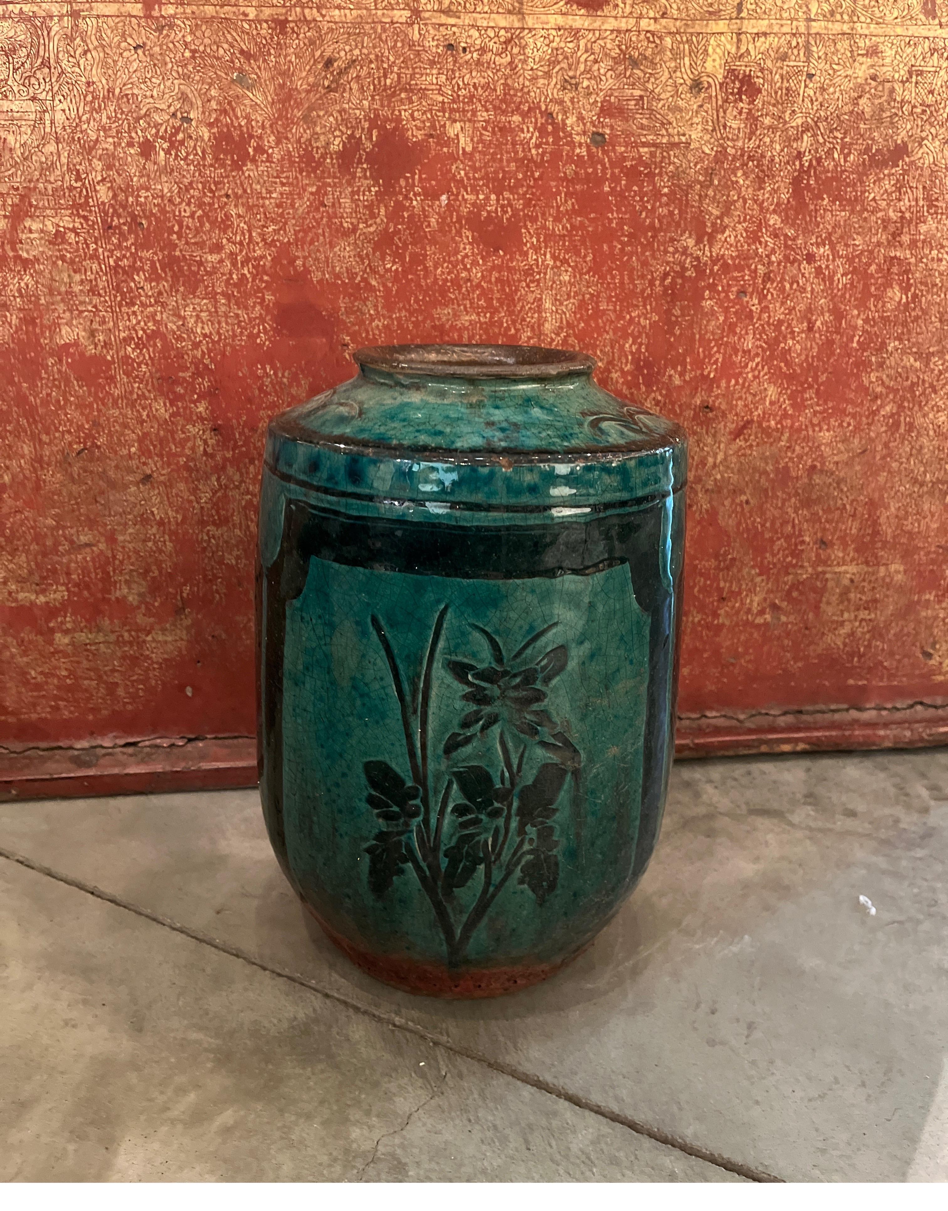 19th Century Ceramic Jar/Vase  With Green Glaze And  Hand Painted Bird Image 3