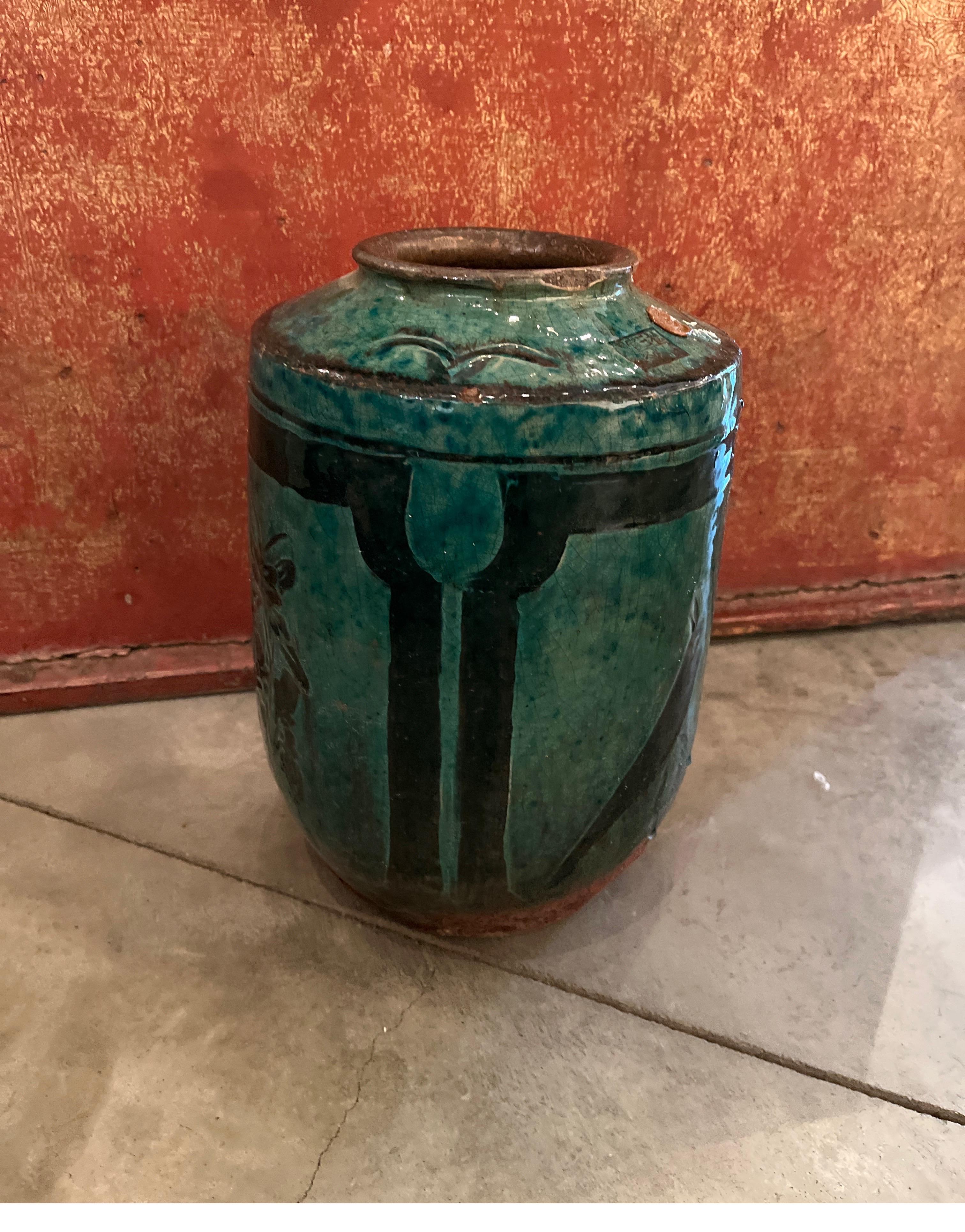19th Century Ceramic Jar/Vase  With Green Glaze And  Hand Painted Bird Image 5