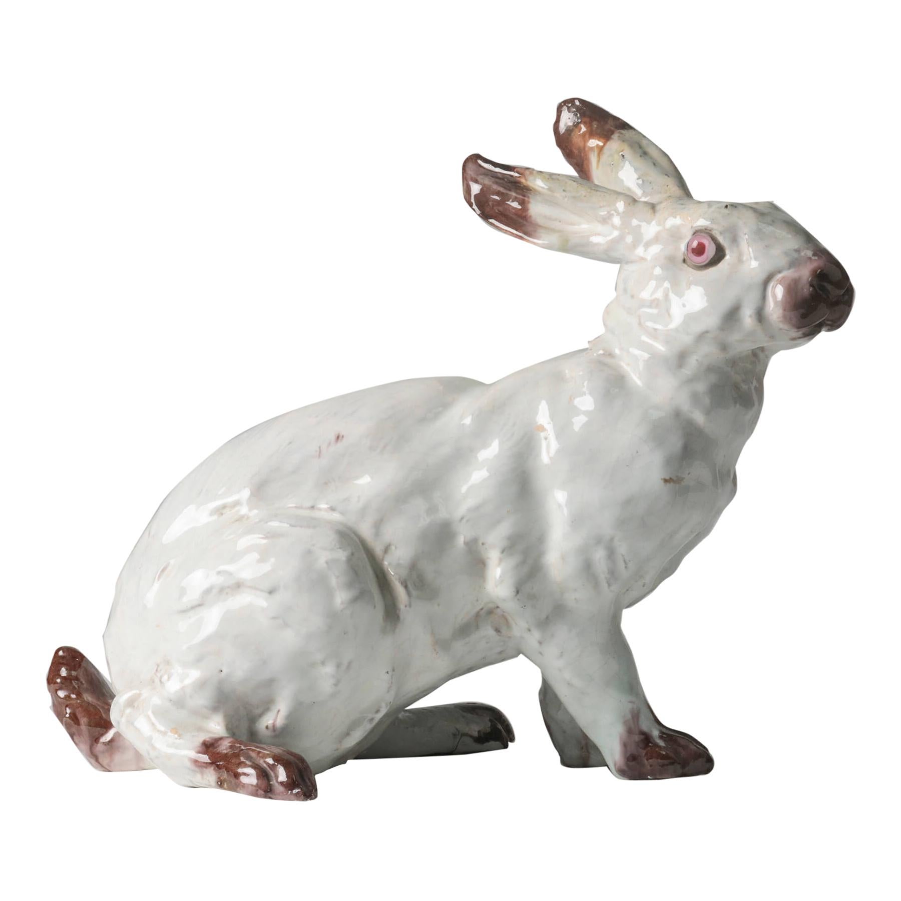 19th Century Ceramic Sculpture of a Rabbit by J. Filmont Caen, France
