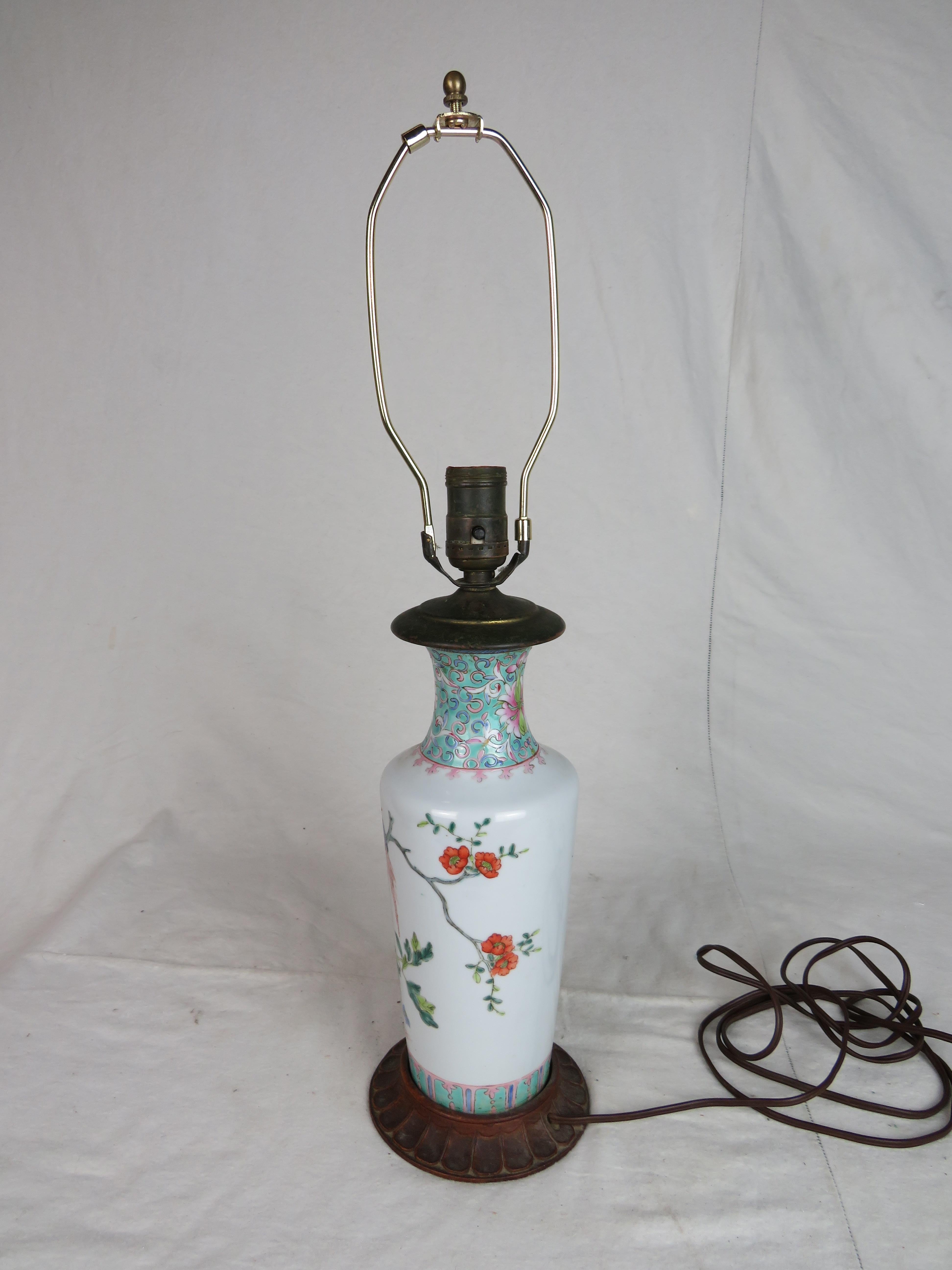 19th Century Ceramic Vase with Floral and Bird Motif Converted to Lamp In Good Condition For Sale In Nantucket, MA