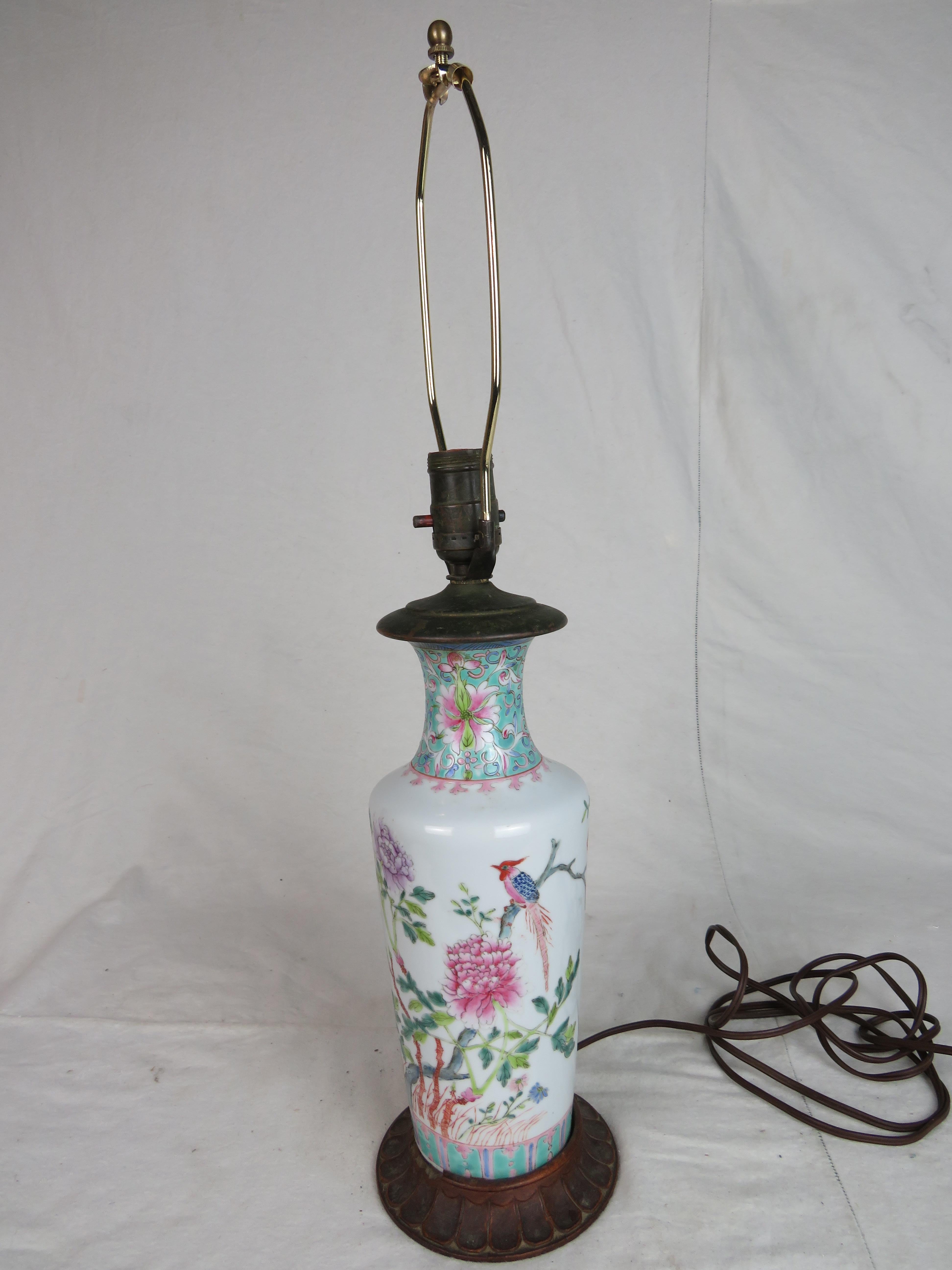 19th Century Ceramic Vase with Floral and Bird Motif Converted to Lamp For Sale 1