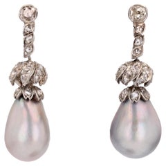 19th Century Certified Fine Pearls Diamonds 18K Yellow Gold Silver Drop Earrings