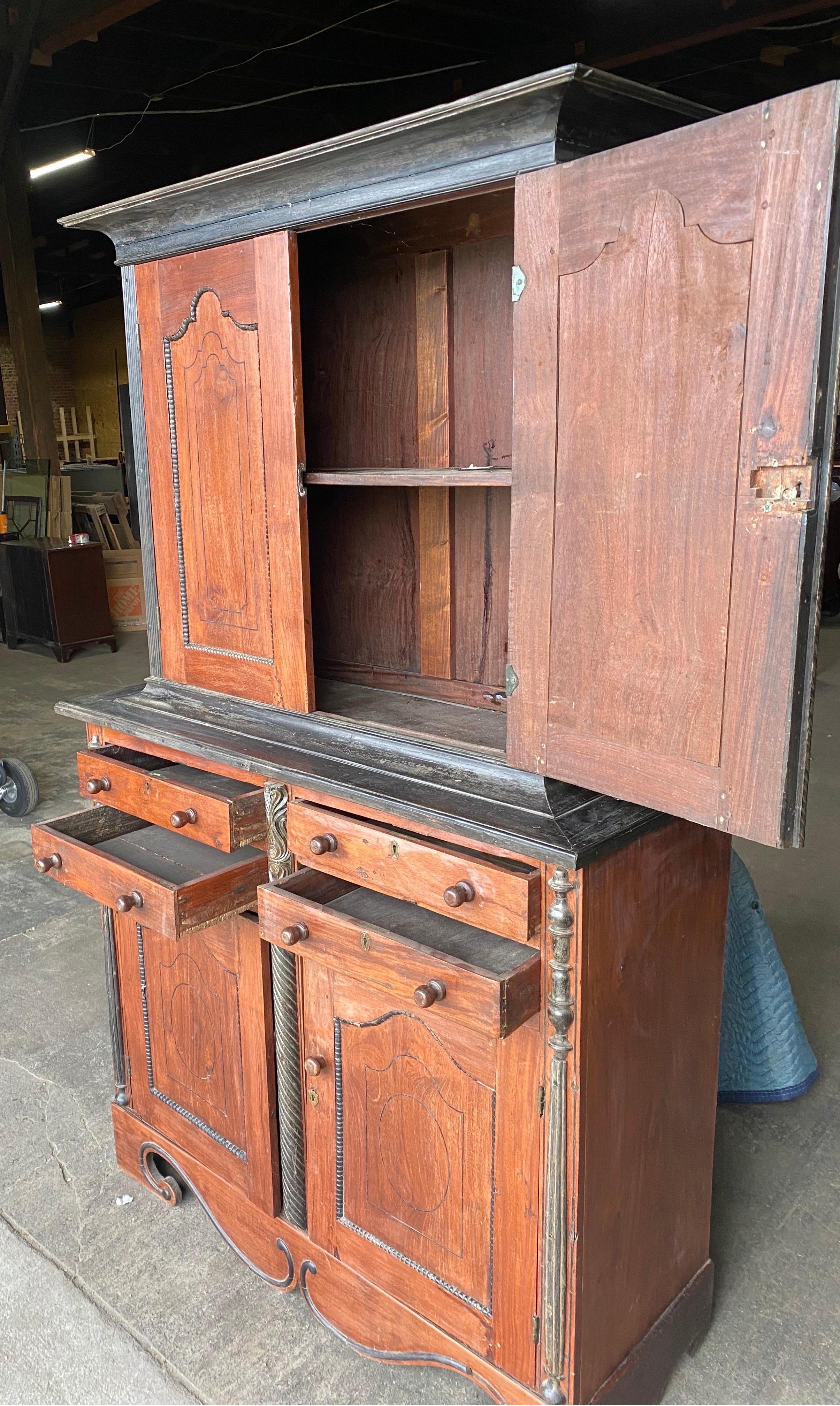Dutch Colonial 19th Century Ceylonese East Indies Jackwood & Ebony 4 Door Press with 4 Drawers For Sale