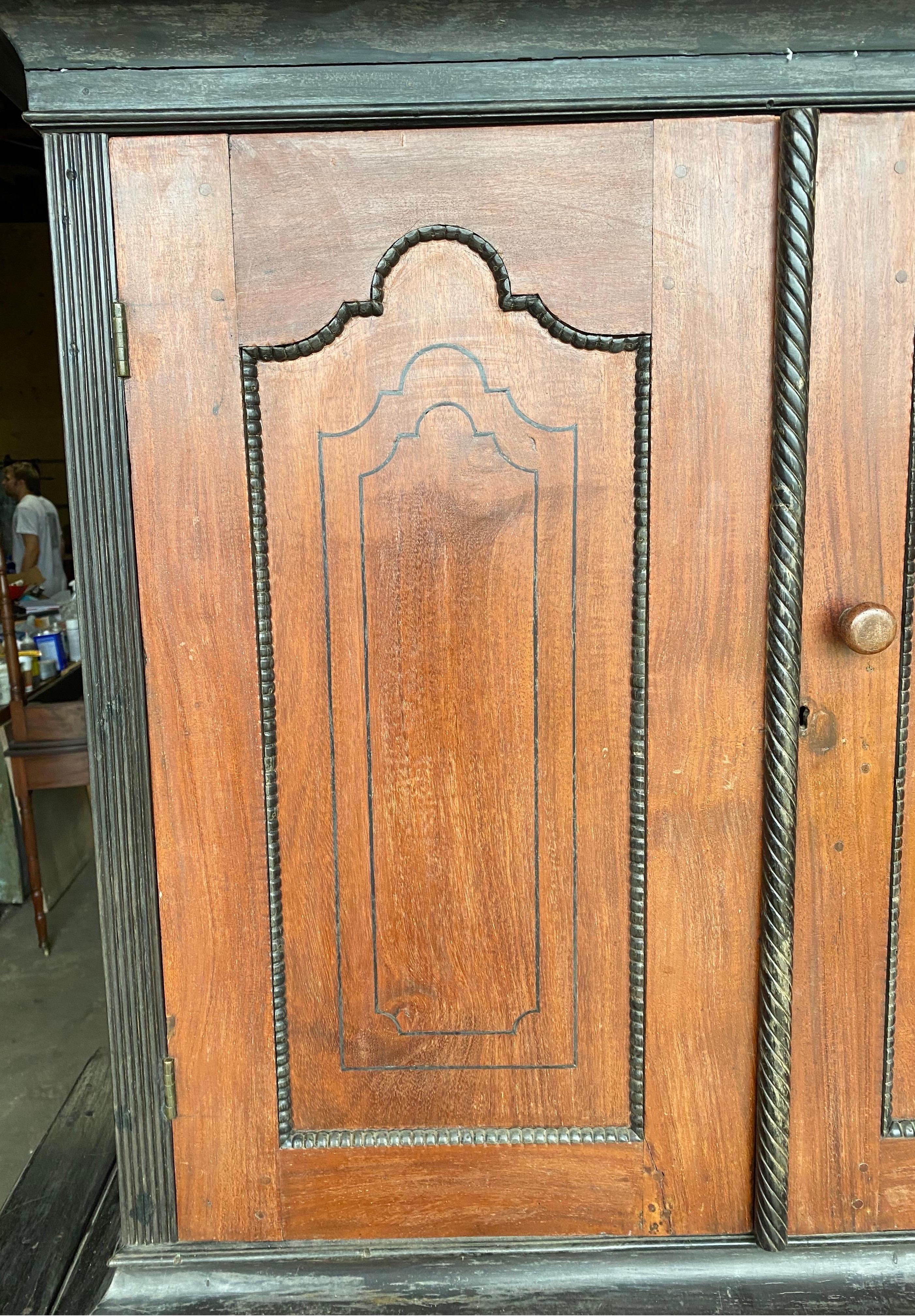 Sri Lankan 19th Century Ceylonese East Indies Jackwood & Ebony 4 Door Press with 4 Drawers For Sale
