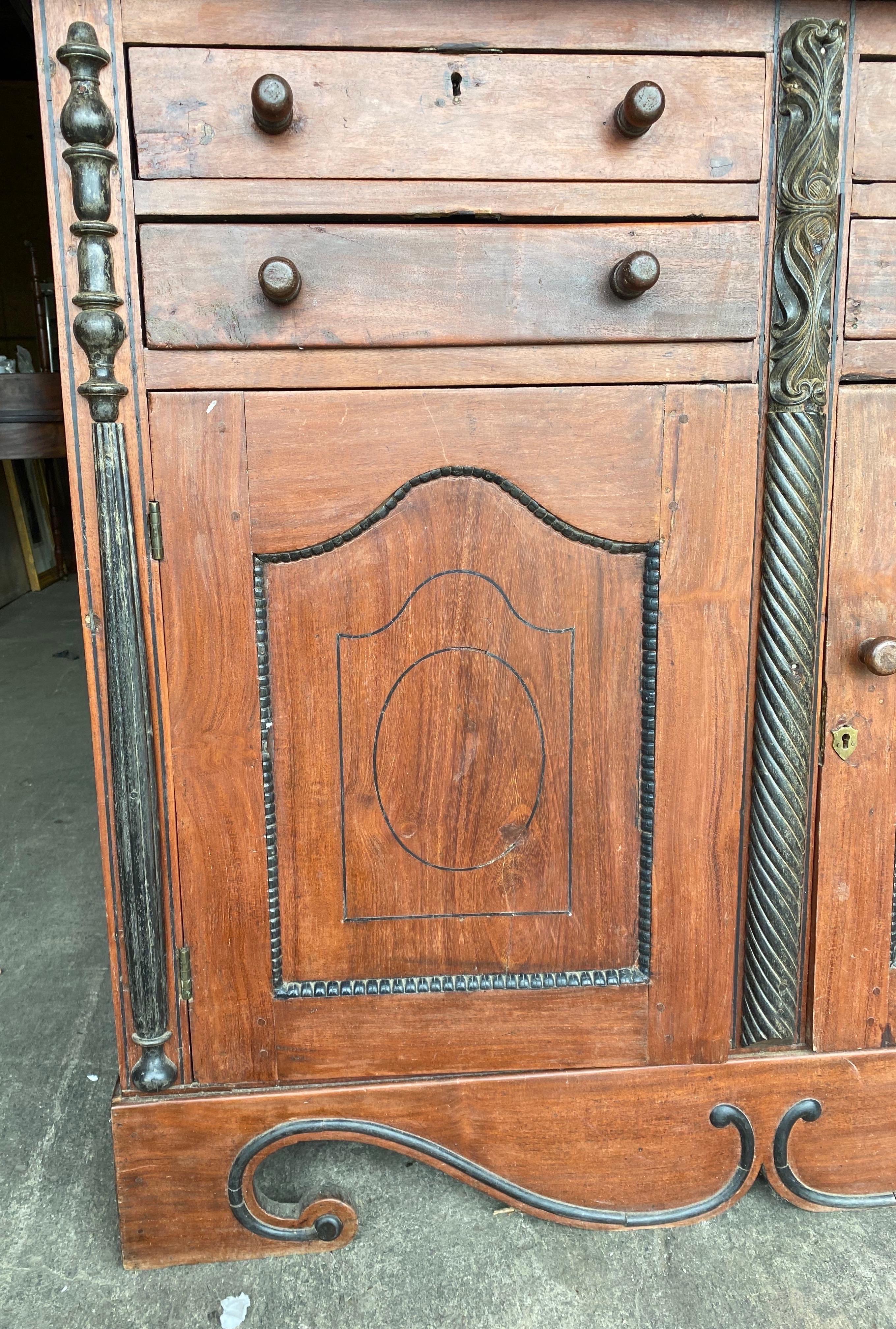 19th Century Ceylonese East Indies Jackwood & Ebony 4 Door Press with 4 Drawers In Good Condition For Sale In Charleston, SC