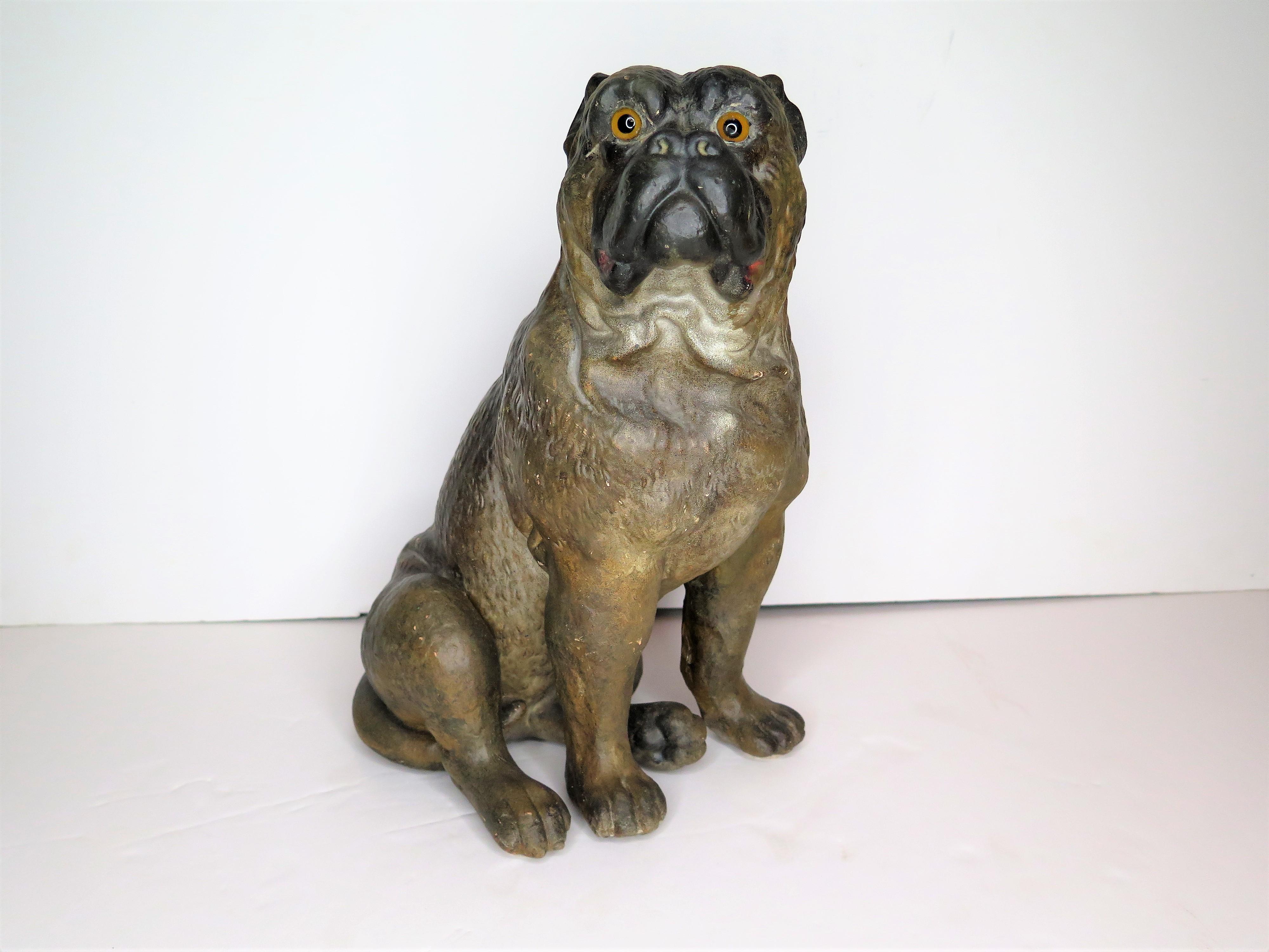 A 19th Century Terracotta Painted Dog Figure / Boxer with Glass Eyes, realistic boxer / bulldog / pug, minor imperfections typical of this material, see attached images.