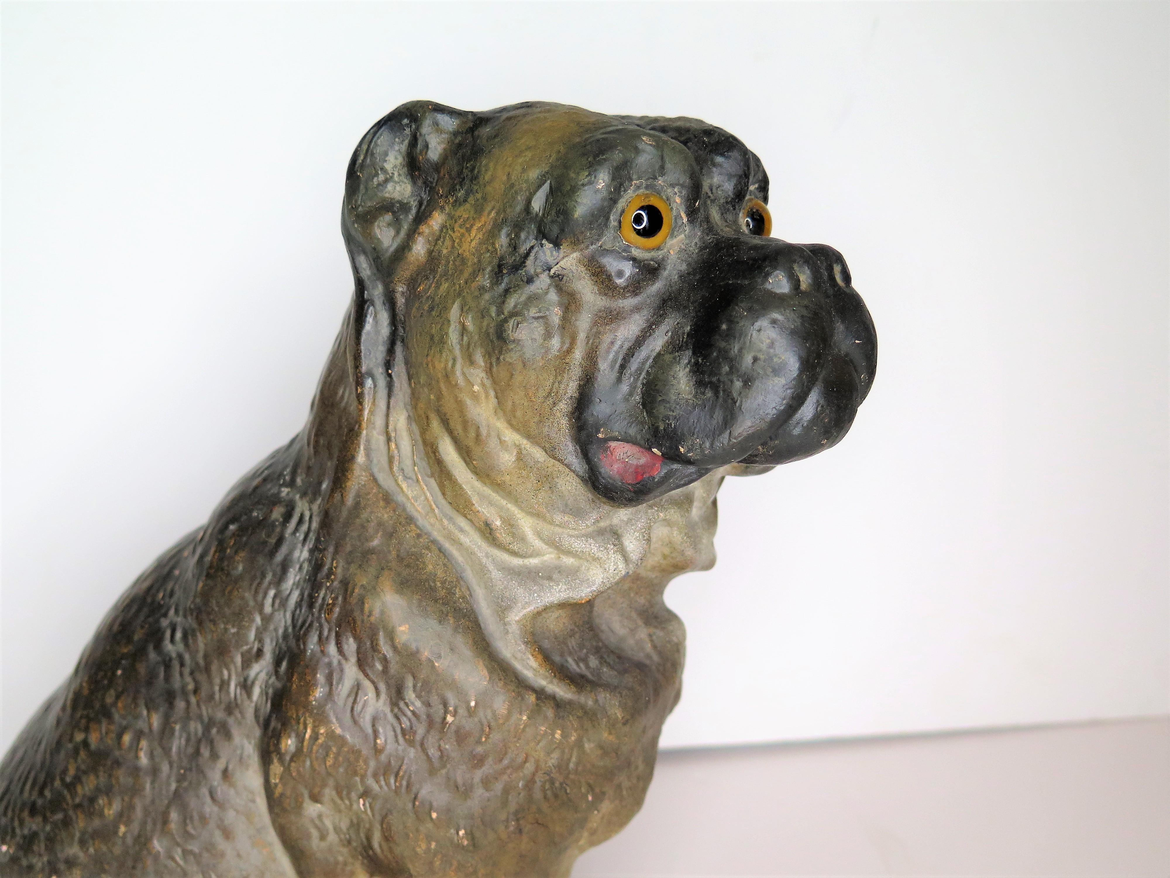 Molded A 19th Century Terracotta Painted Dog Figure / Boxer with Glass Eyes
