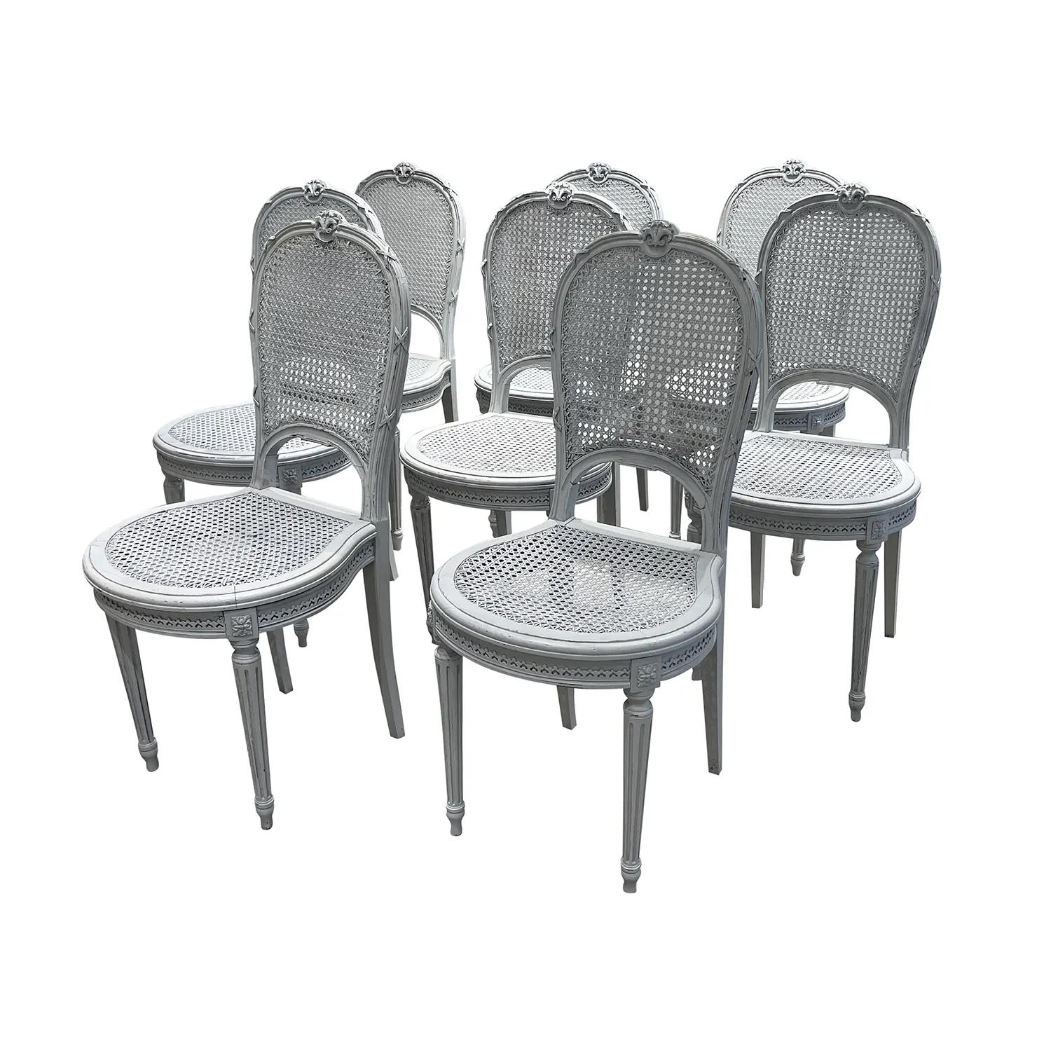 Louis XVI 19th Century Grey Swedish Set of Eight Antique Pine Ladies Dining Room Chairs For Sale