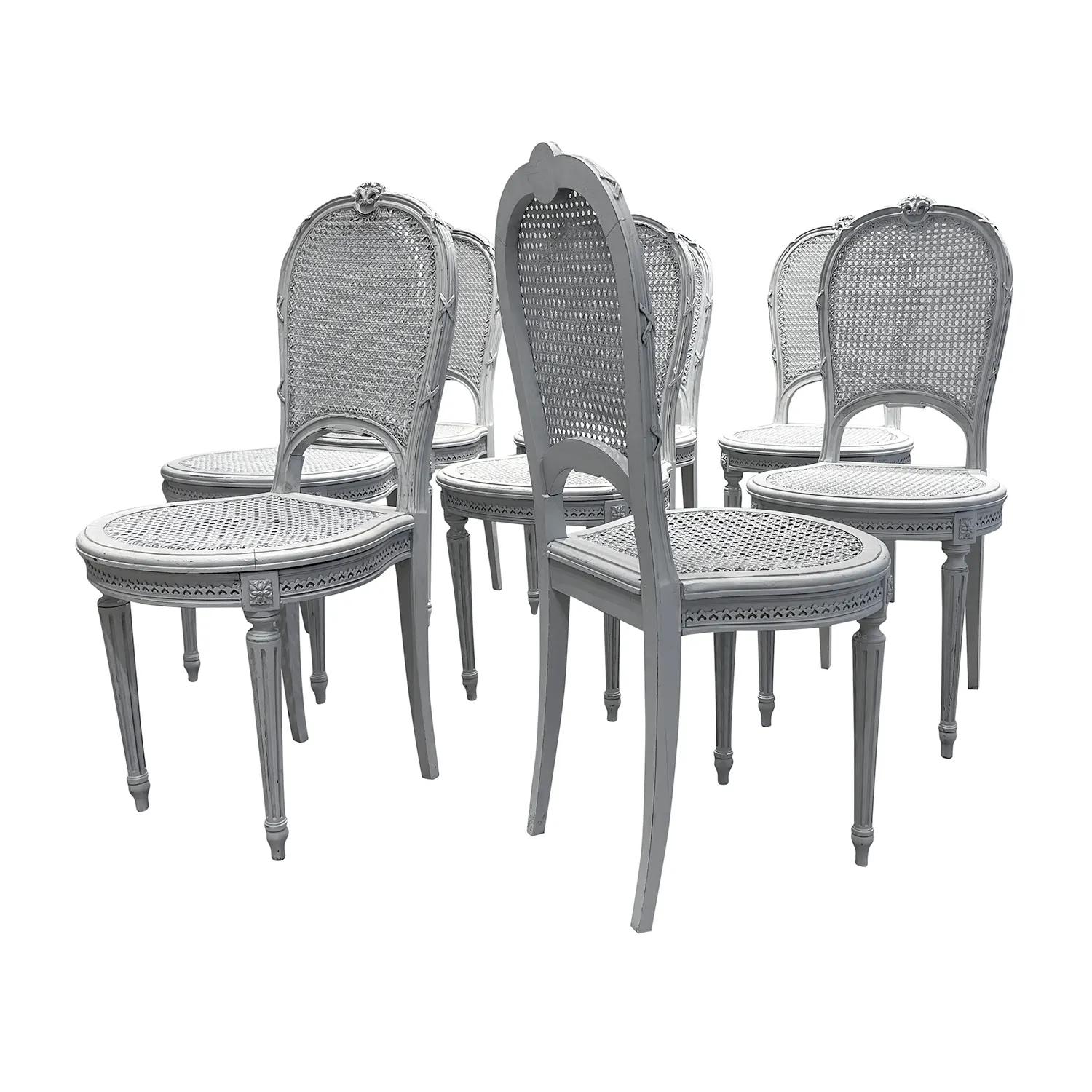 Hand-Carved 19th Century Grey Swedish Set of Eight Antique Pine Ladies Dining Room Chairs For Sale