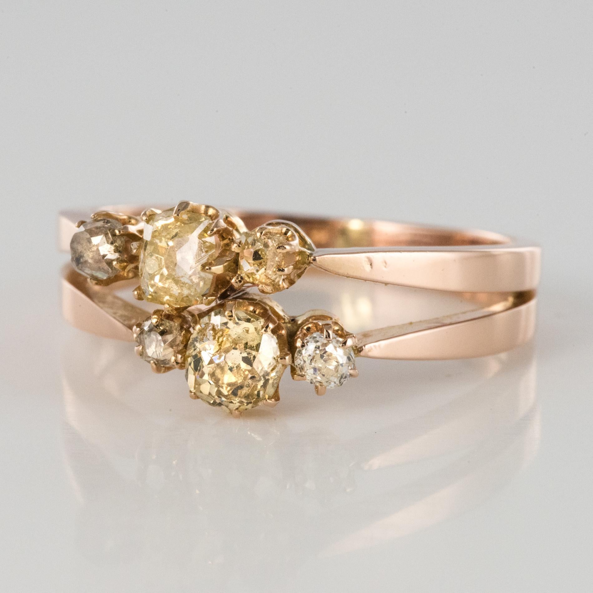 Napoleon III 19th Century Champagne and Yellow Diamond 18 Karat Rose Gold You and Me Ring