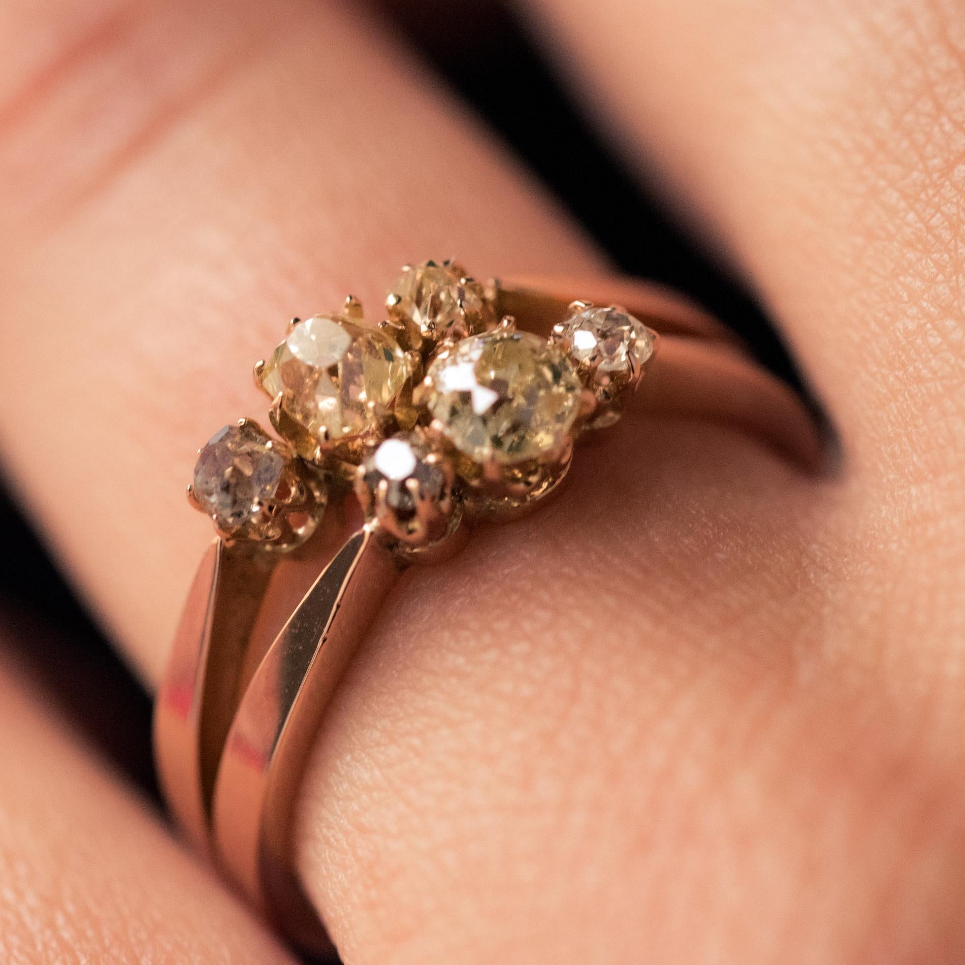 Antique Cushion Cut 19th Century Champagne and Yellow Diamond 18 Karat Rose Gold You and Me Ring