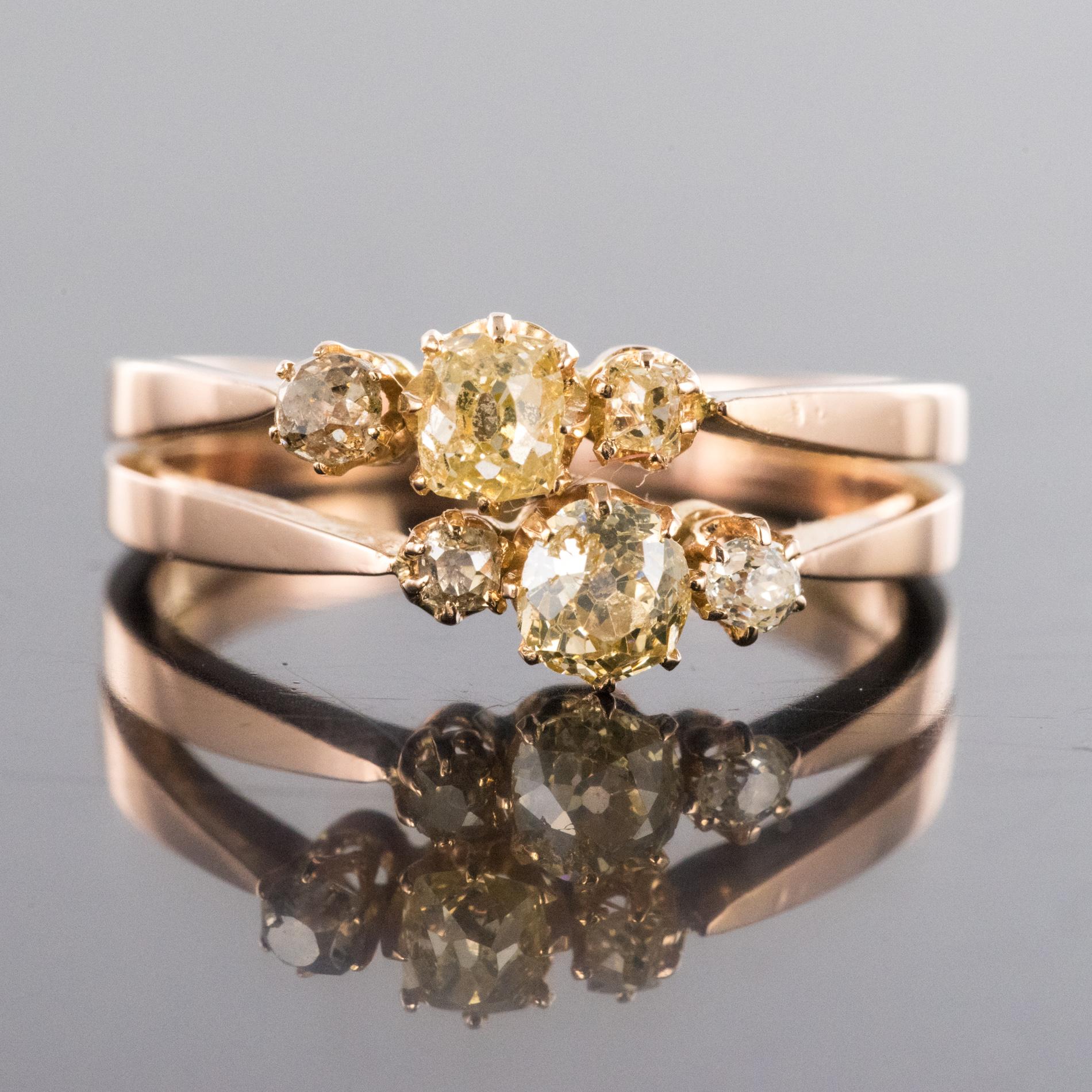 19th Century Champagne and Yellow Diamond 18 Karat Rose Gold You and Me Ring In Good Condition In Poitiers, FR