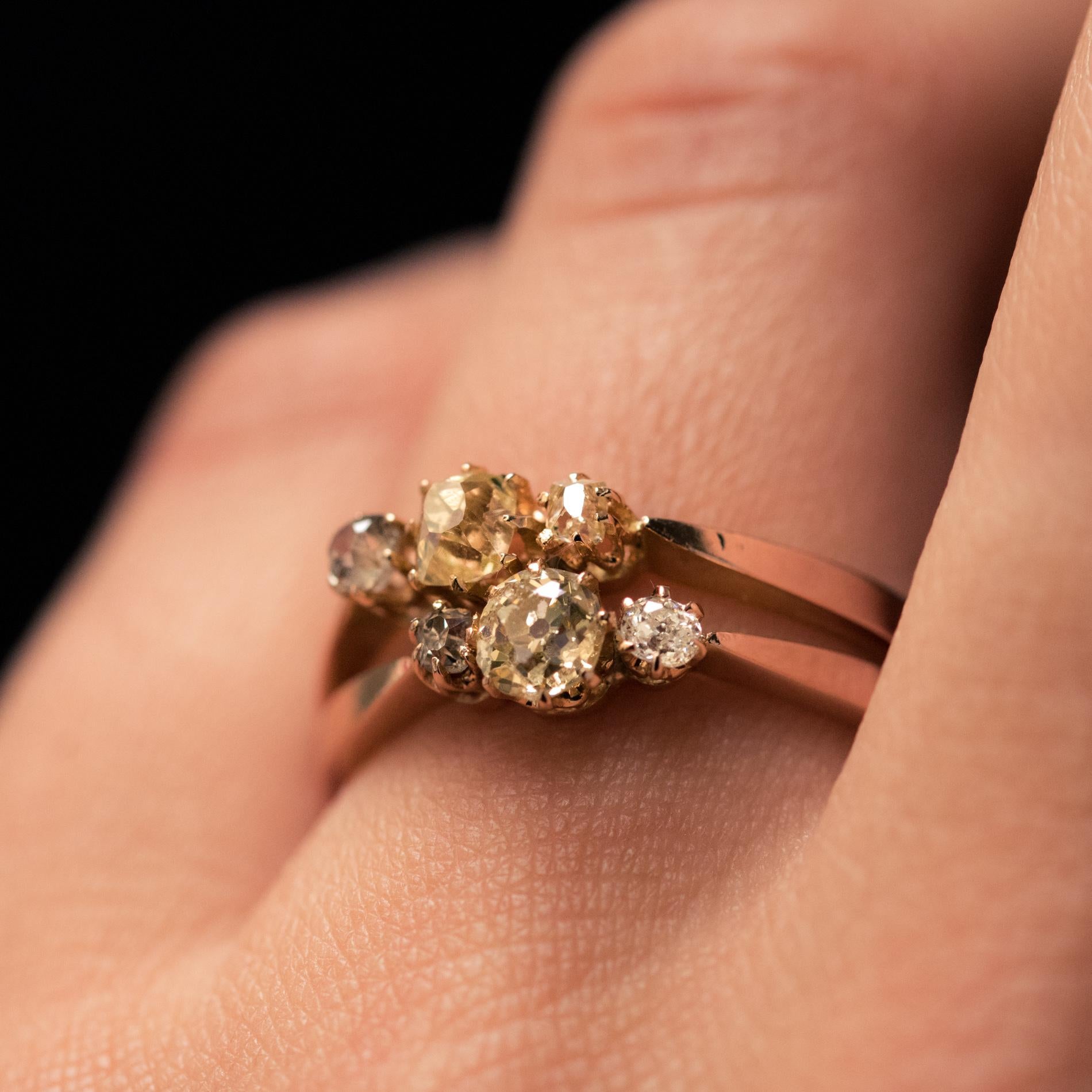 19th Century Champagne and Yellow Diamond 18 Karat Rose Gold You and Me Ring 2