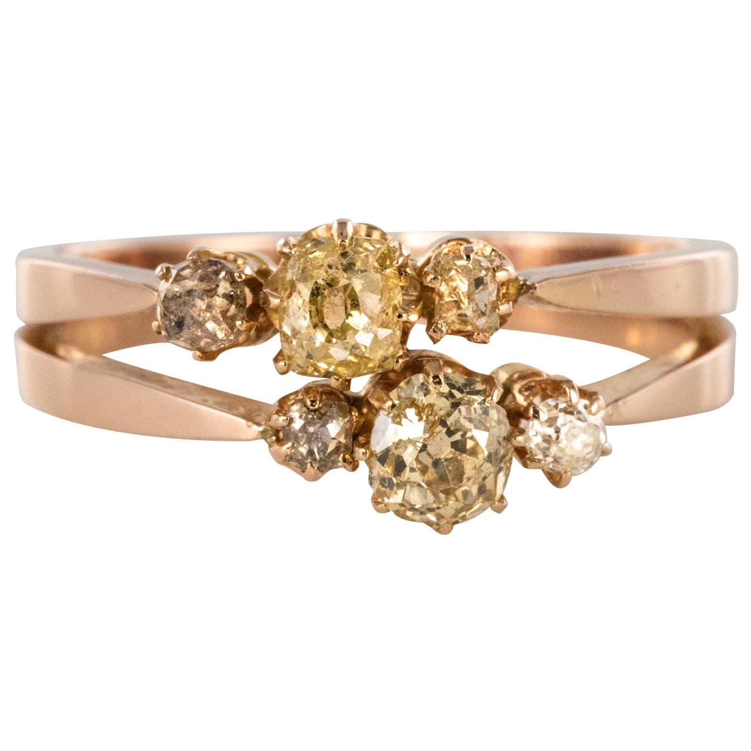 19th Century Champagne and Yellow Diamond 18 Karat Rose Gold You and Me Ring