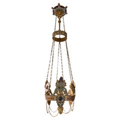 Antique 19th Century Champleve Bronze Hanging Lamp / Chandelier