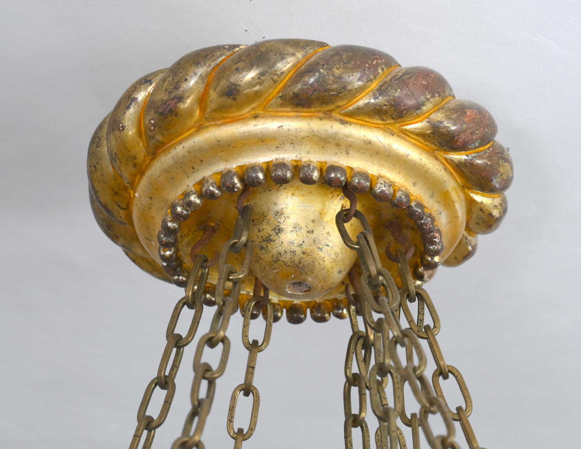 Biedermeier 19th Century Chandelier 18 Armed Carved Wood Probably Laves Draft Oil Gilding For Sale