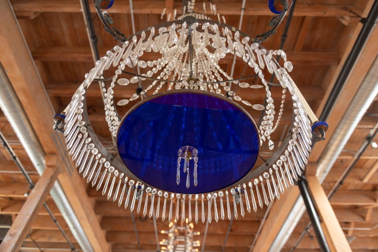 19th Century Chandelier in Brass with Cut Crystal with Cobalt Glass Accents For Sale 5