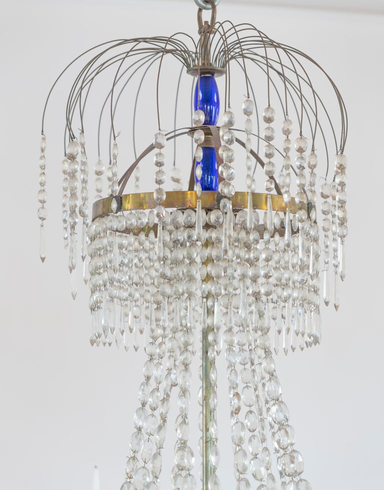 19th Century Chandelier in Brass with Cut Crystal with Cobalt Glass Accents For Sale 7