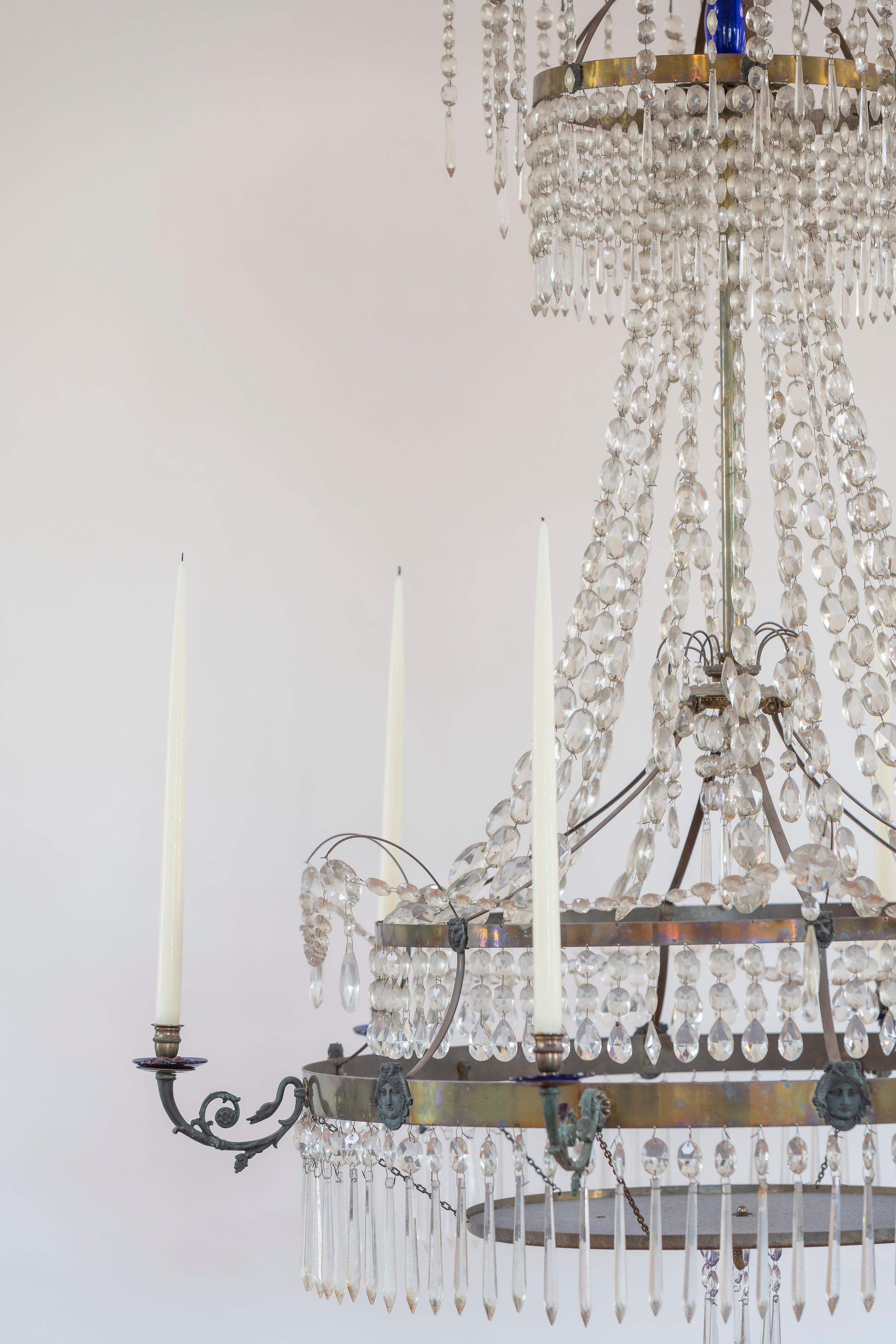 19th Century Chandelier in Brass with Cut Crystal with Cobalt Glass Accents For Sale 8