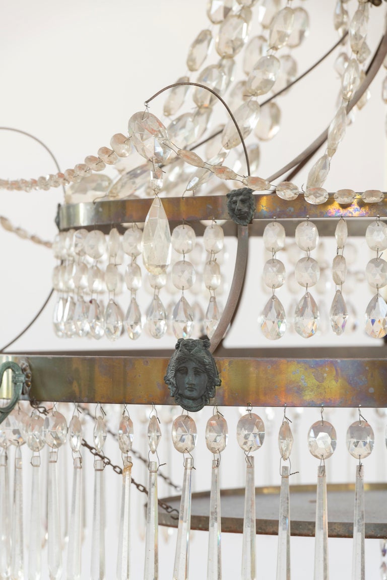 Neoclassical 19th Century Chandelier in Brass with Cut Crystal with Cobalt Glass Accents For Sale