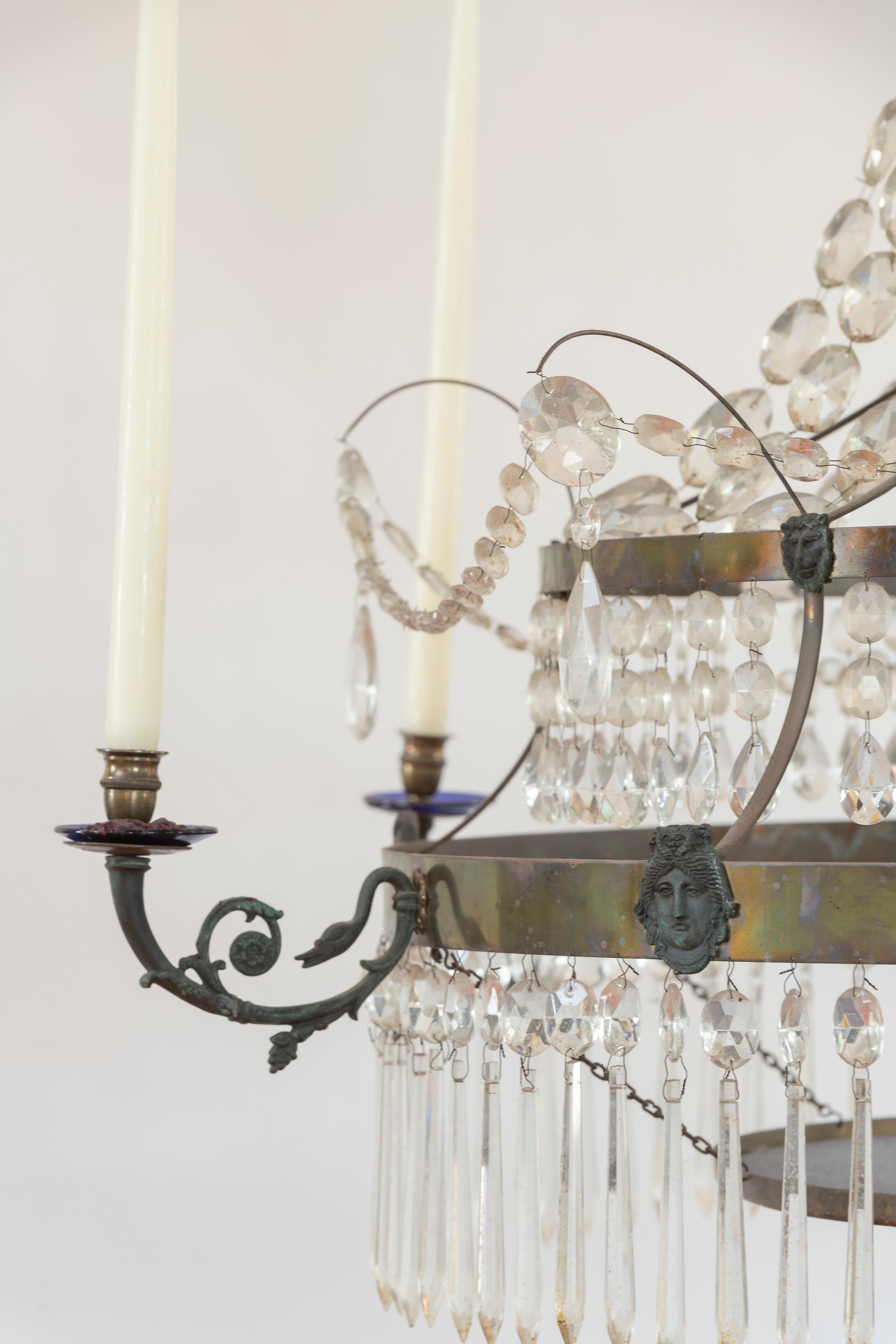 Baltic 19th Century Chandelier in Brass with Cut Crystal with Cobalt Glass Accents For Sale