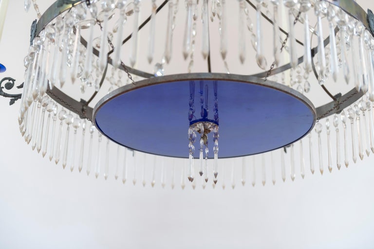 Metal 19th Century Chandelier in Brass with Cut Crystal with Cobalt Glass Accents For Sale