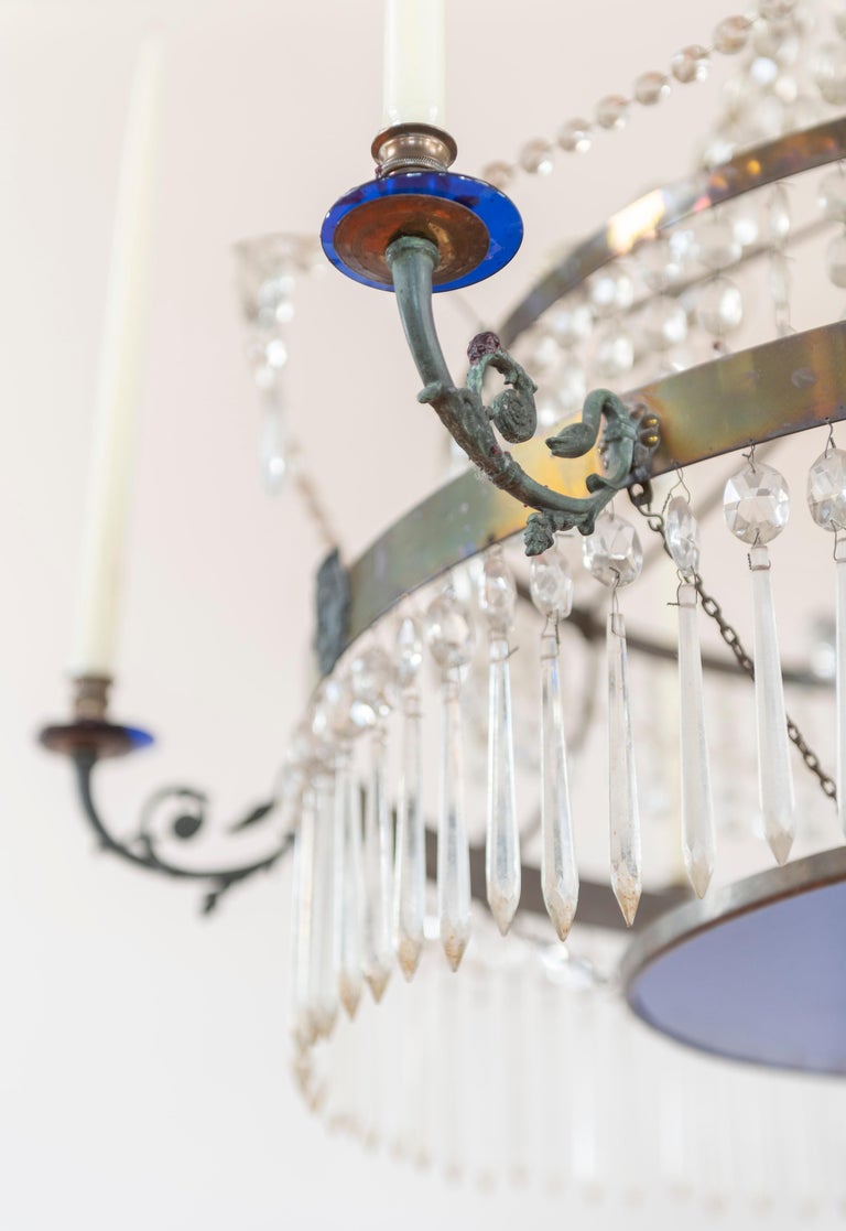 19th Century Chandelier in Brass with Cut Crystal with Cobalt Glass Accents For Sale 2