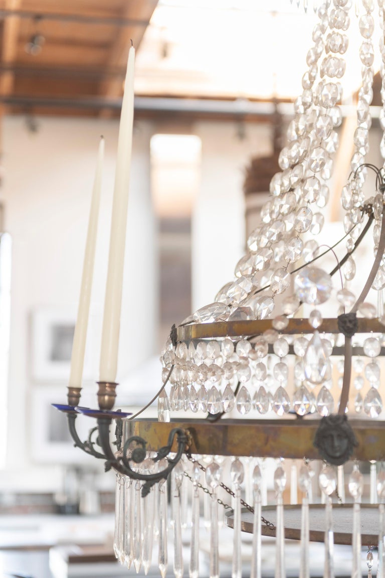 19th Century Chandelier in Brass with Cut Crystal with Cobalt Glass Accents For Sale 3