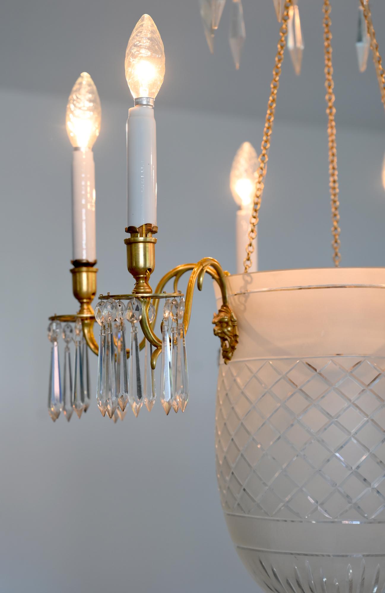 Empire 19th Century Chandelier Sweden or Baltic States Cut Glas Gilded For Sale
