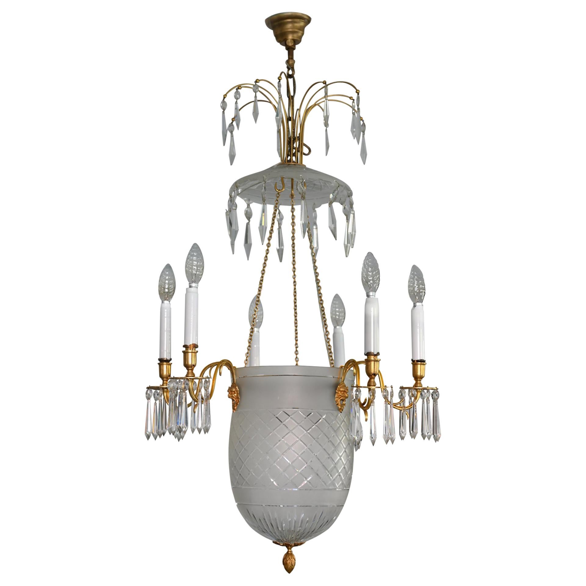 19th Century Chandelier Sweden or Baltic States Cut Glas Gilded For Sale