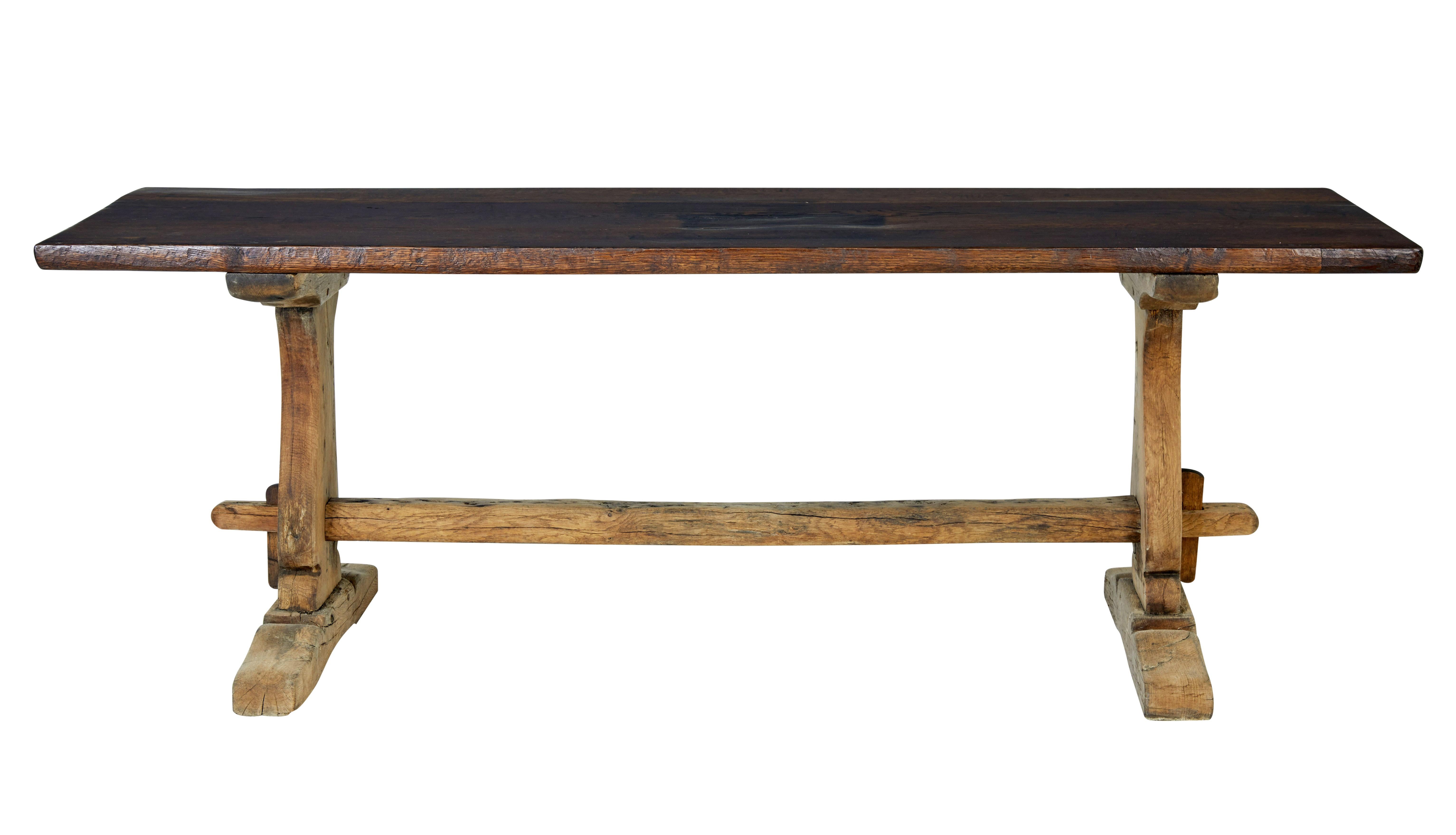 Fine quality oak table, circa 1830.

Contrasting dark top with lighter oak base.

Here we have a table we purchased on our travels in scandinavian, purchased privately from a home who had a large urn sitting on the top for nearly 100 years,