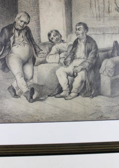 19th Century Charcoal Drawing "3 cheerful men" Signed Jan Deckers 1885 Belgium