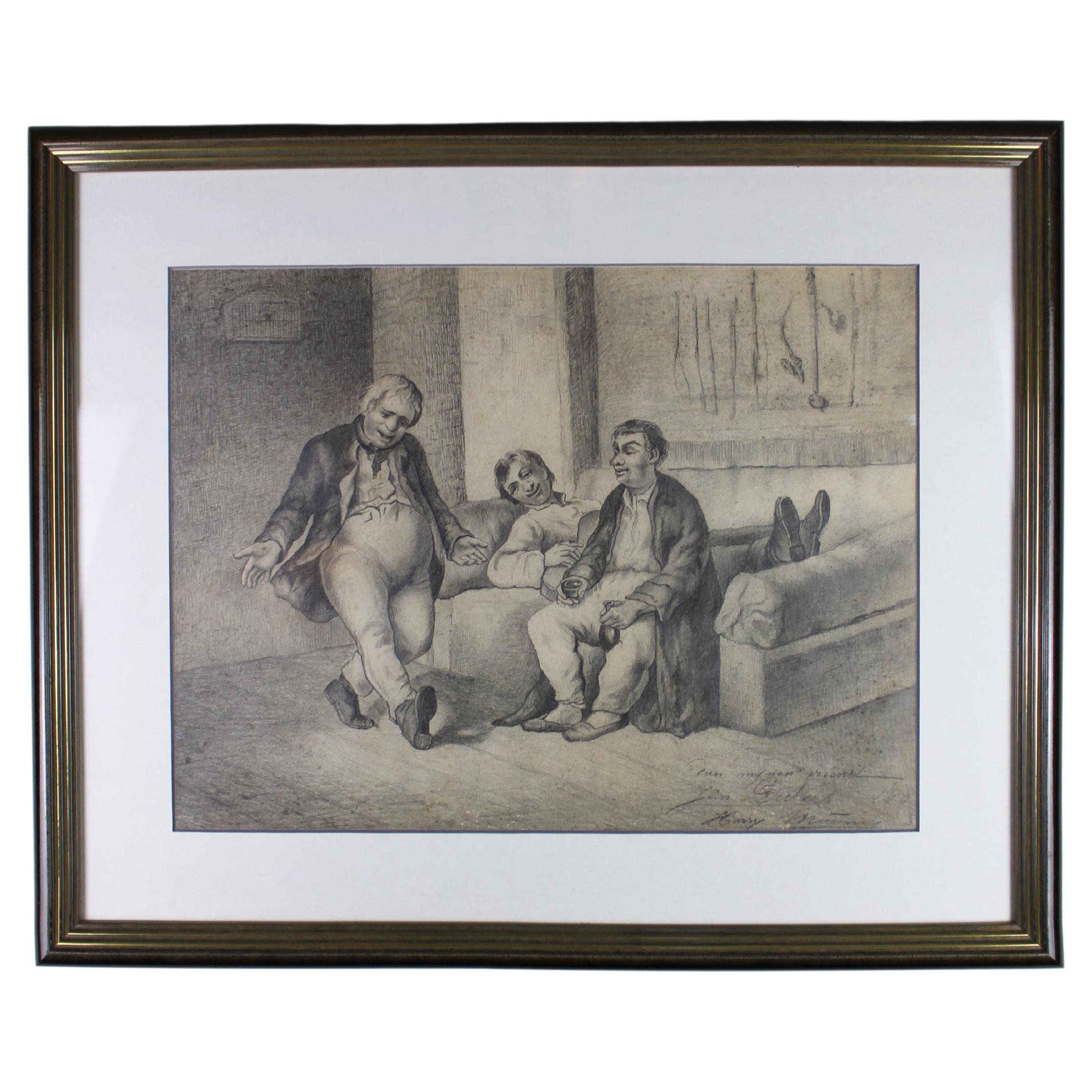 Dessin au fusain du 19ème siècle « 3 cheerful men » signé Jan Deckers 1885, Belgique