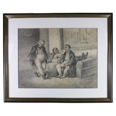 Kohlezeichnung des 19. Jahrhunderts „3 fröhliche Männer“, signiert Jan Deckers 1885 Belgien