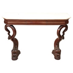Antique 19th Century Charles X Carved Wood Console Table with White Marble Top