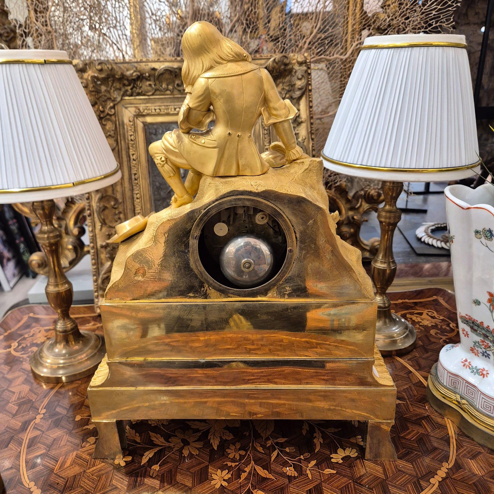 19th Century Charles X Clock with a Statue of a Romantic Young Nobleman. For Sale 12