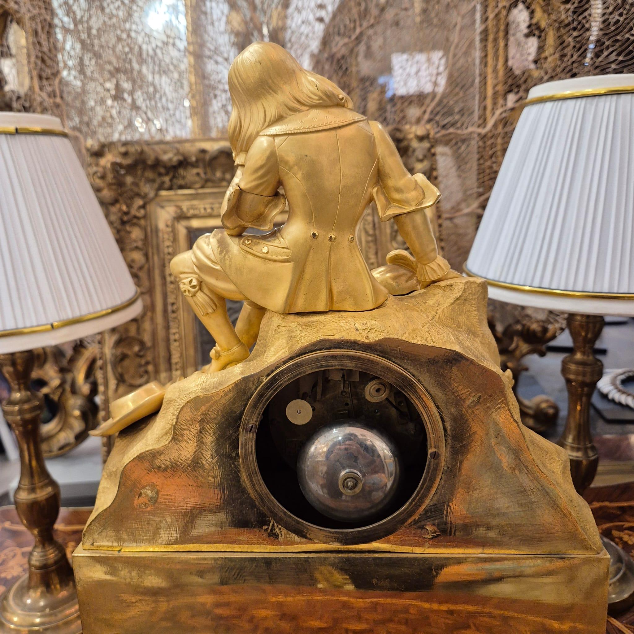 19th Century Charles X Clock with a Statue of a Romantic Young Nobleman. For Sale 2