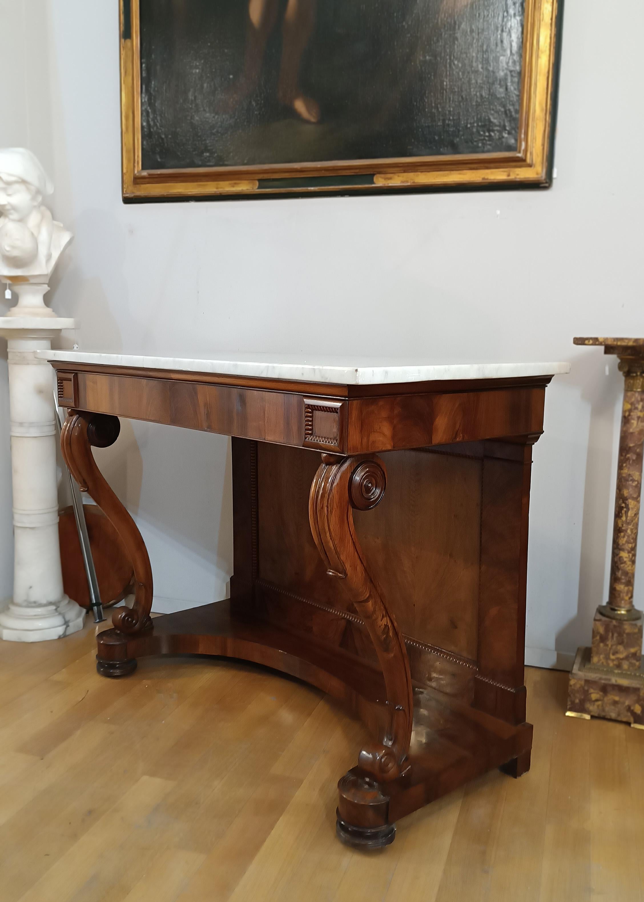 Charles X 19th CENTURY CHARLES X CONSOLLE IN WALNUT AND CARRARA MARBLE For Sale