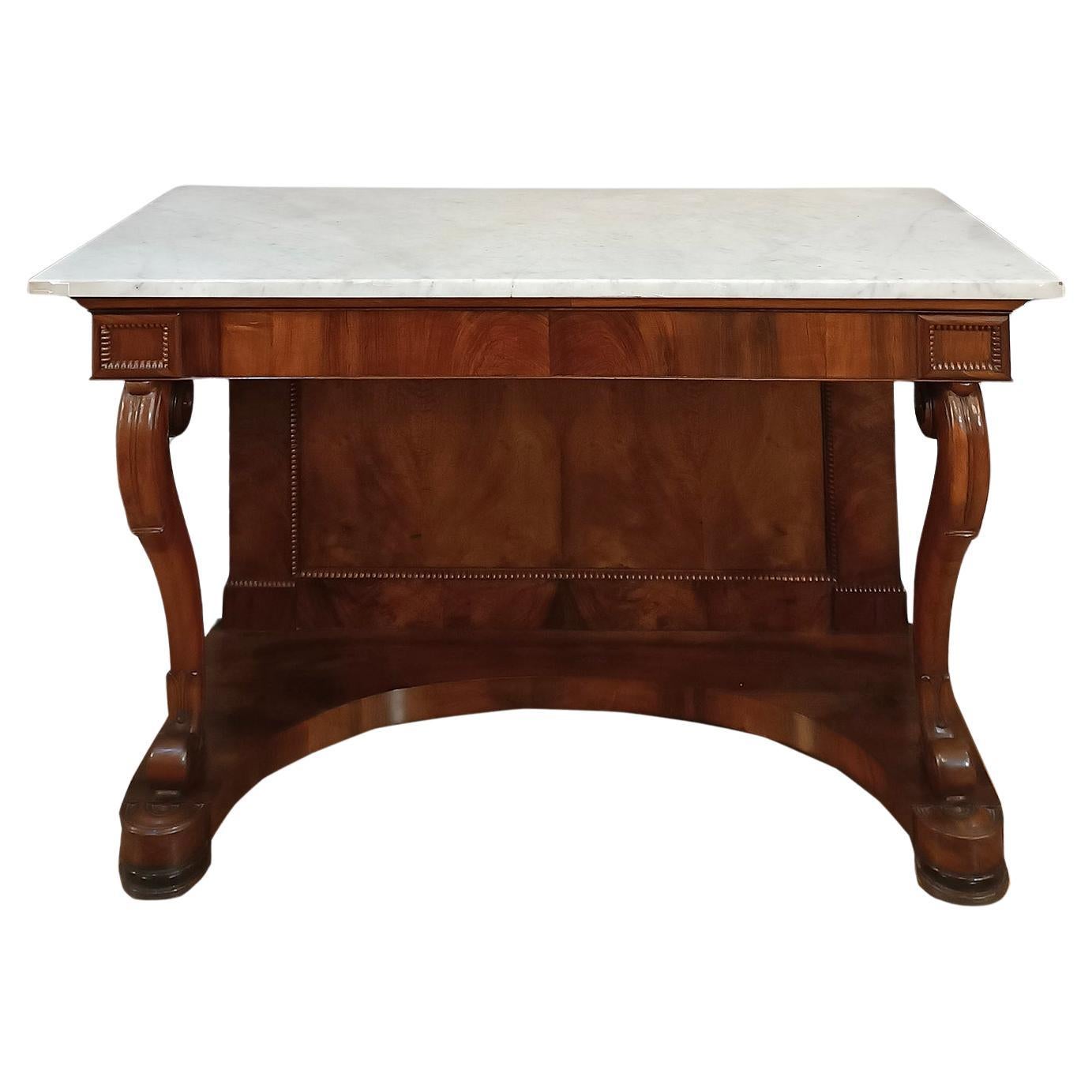 19th CENTURY CHARLES X CONSOLLE IN WALNUT AND CARRARA MARBLE For Sale