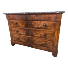 19th Century Charles X Flamed Walnut Italian Chest with Gray Marble Top